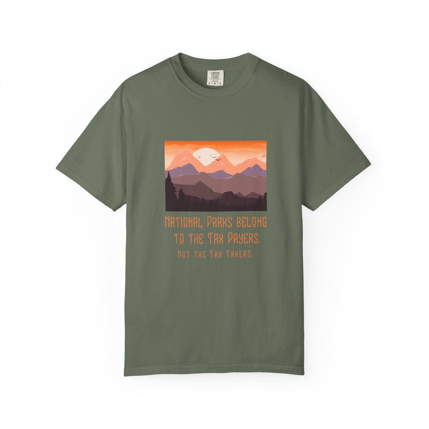 Green t-shirt with a mountain graphic and text on a white background