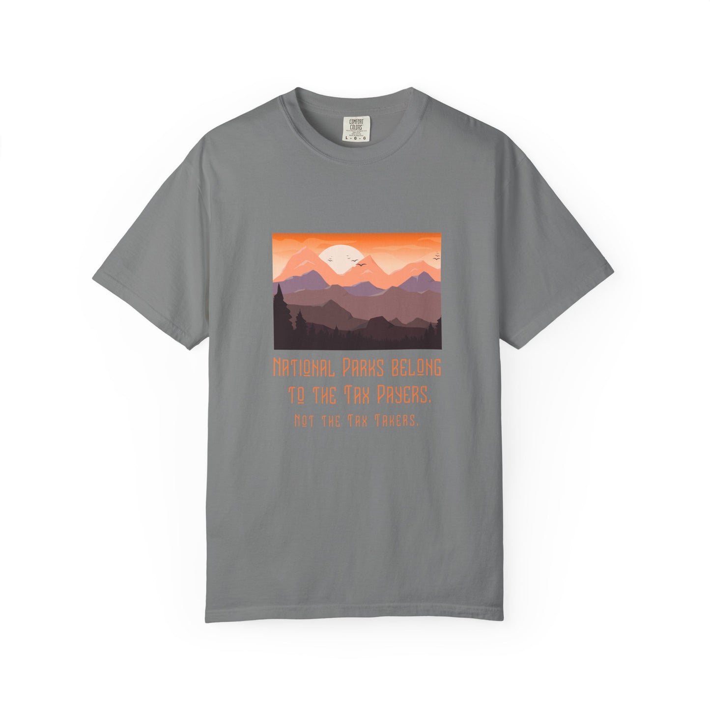Gray t-shirt with a mountain graphic and text on a white background