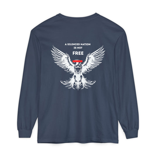 Navy blue long-sleeve shirt with white eagle graphic and text on a white background