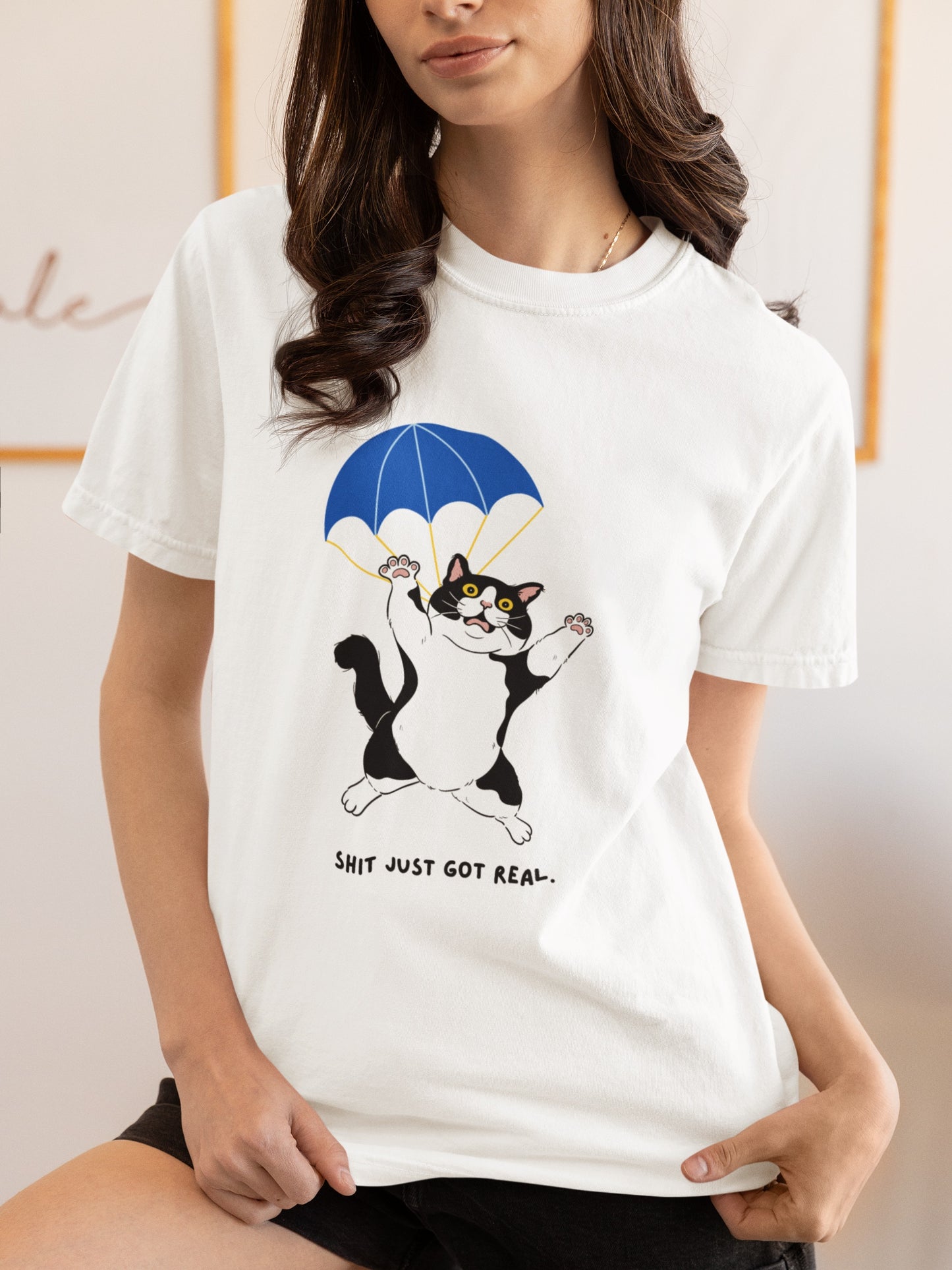 "Shit Just Got Real" Parachuting Cat Tee