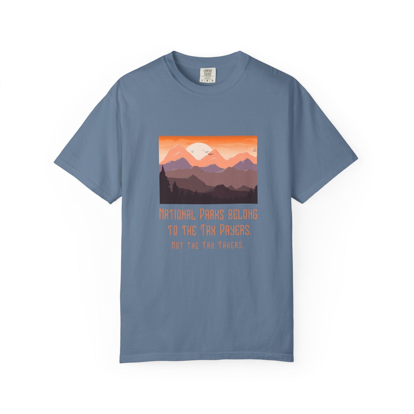Blue t-shirt with a mountain graphic and text on a white background