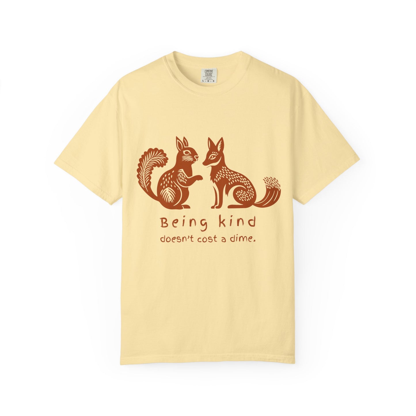 Squirrel & fox woodcut t shirt in yellow.