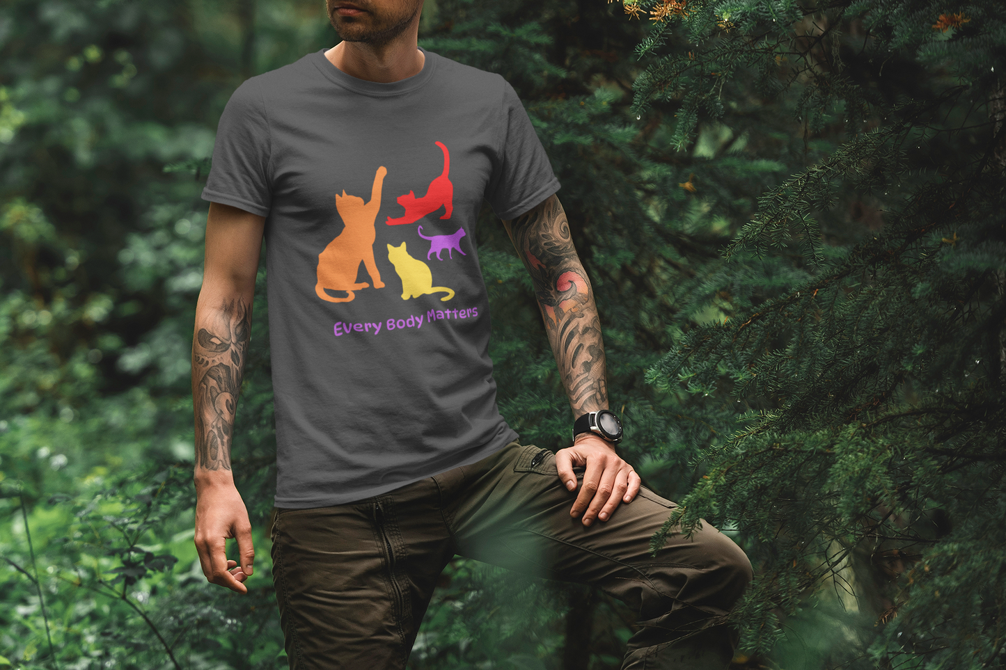 "Every Body Matters" Graphic TShirt with Colorful Cats
