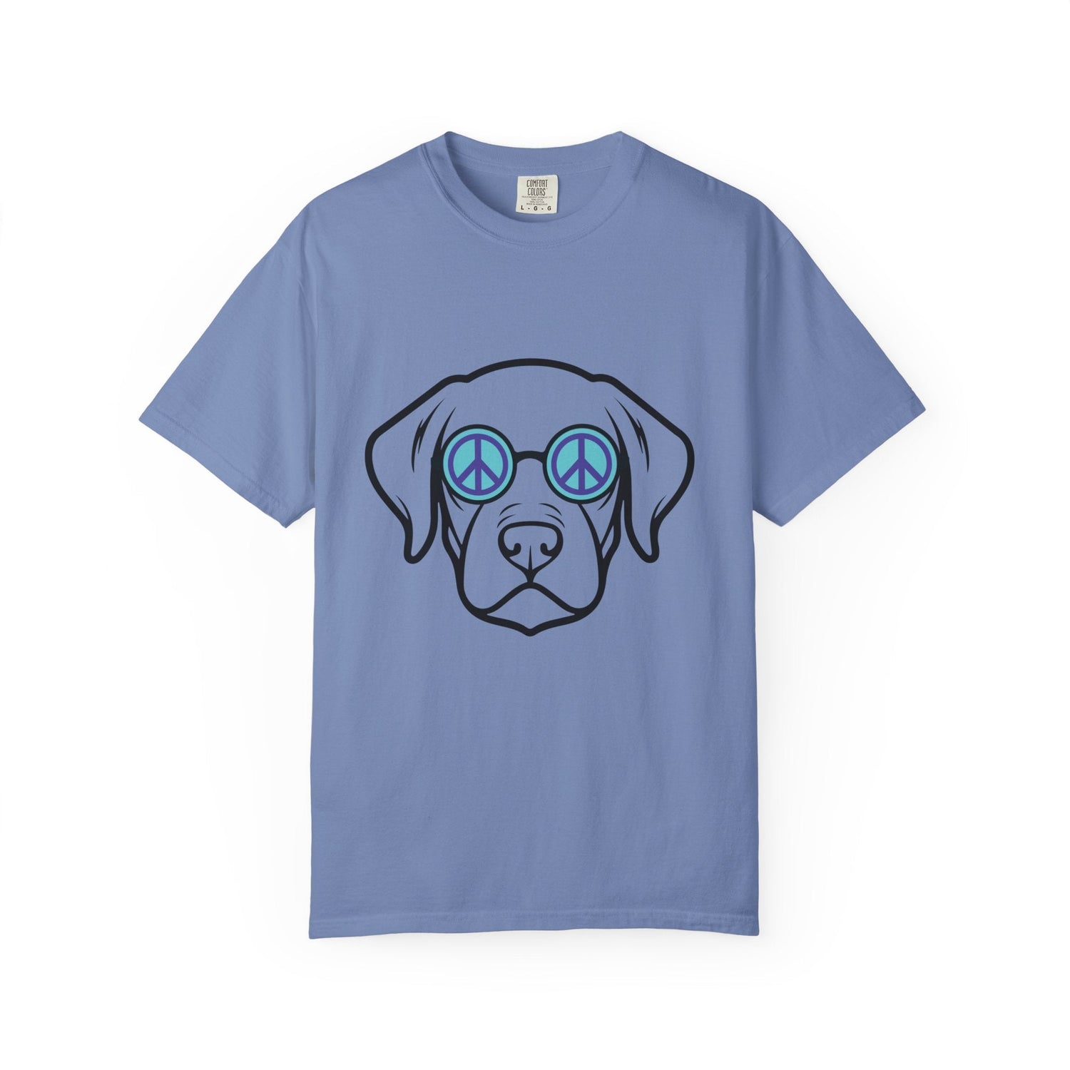 Head of dog wearing peace sign sunglasses.