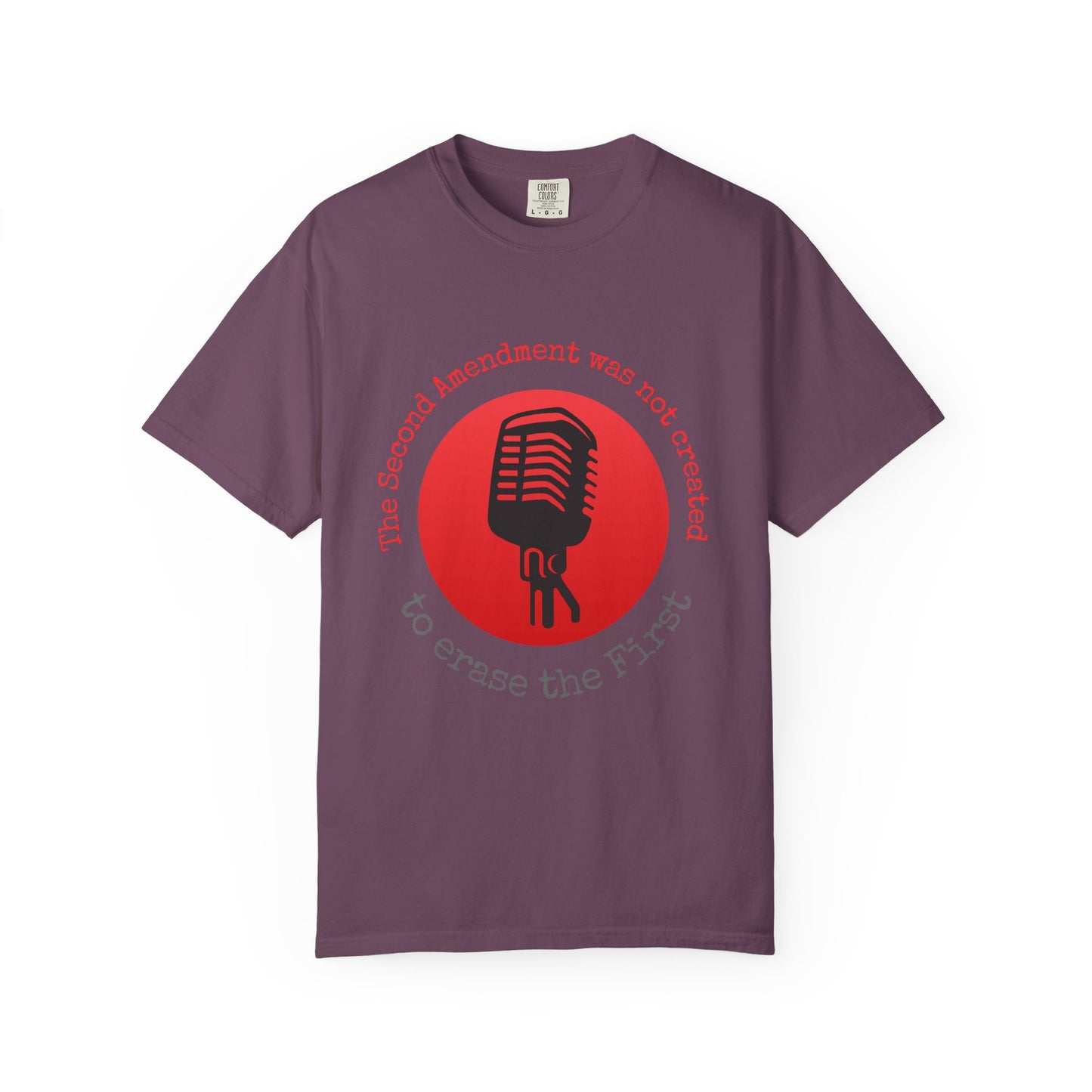 Purple t-shirt with a red circle and black microphone graphic on a white background