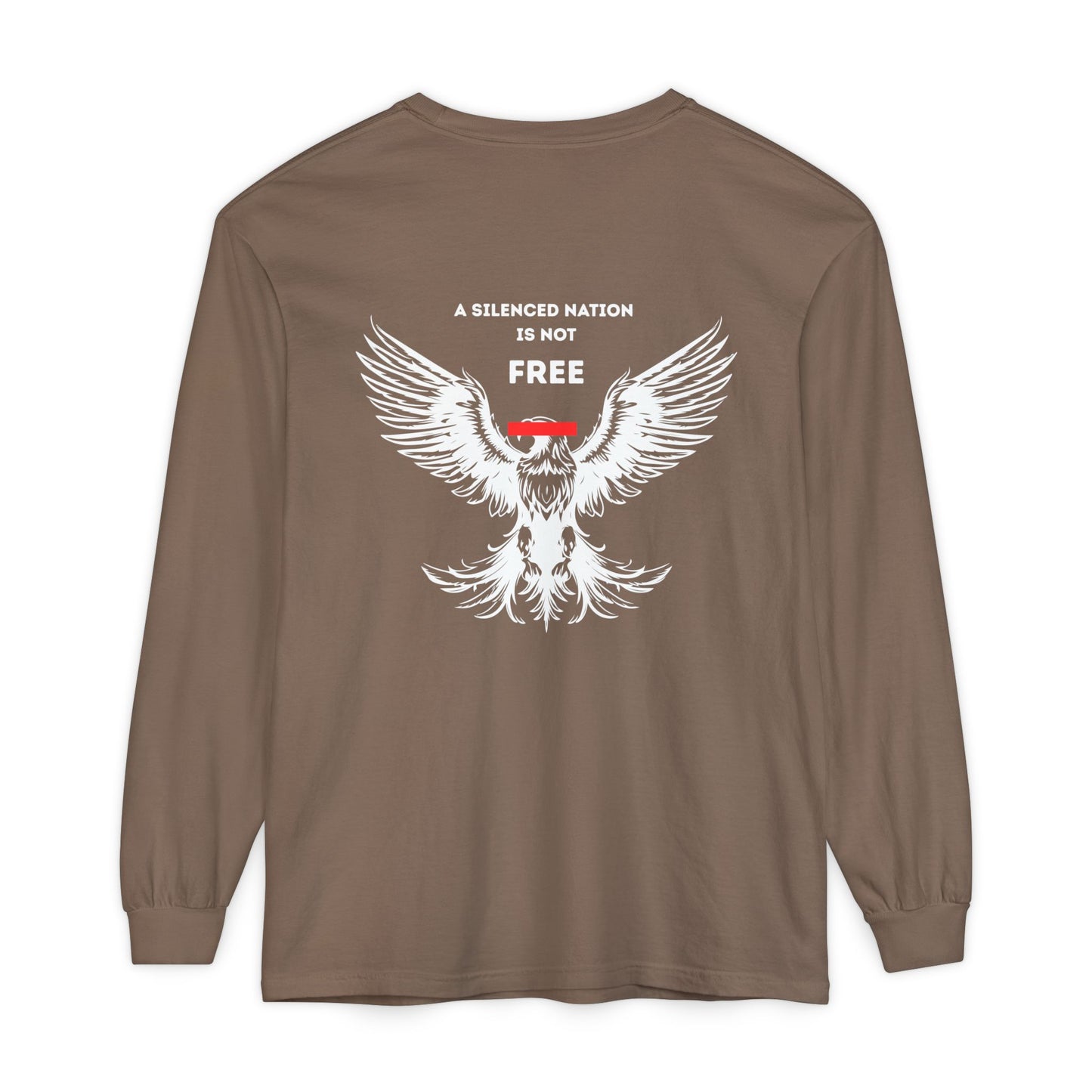 Brown long-sleeve shirt with a white eagle graphic and text on the back