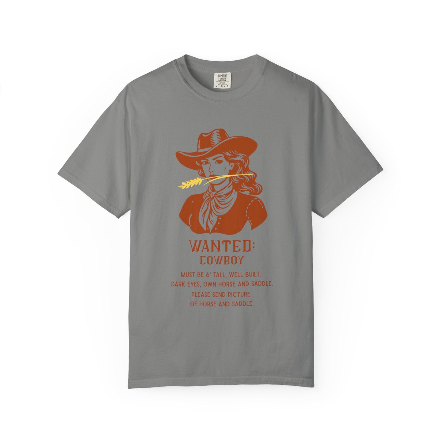 Grey T shirt with Wanted poster and cowgirl with funny saying.