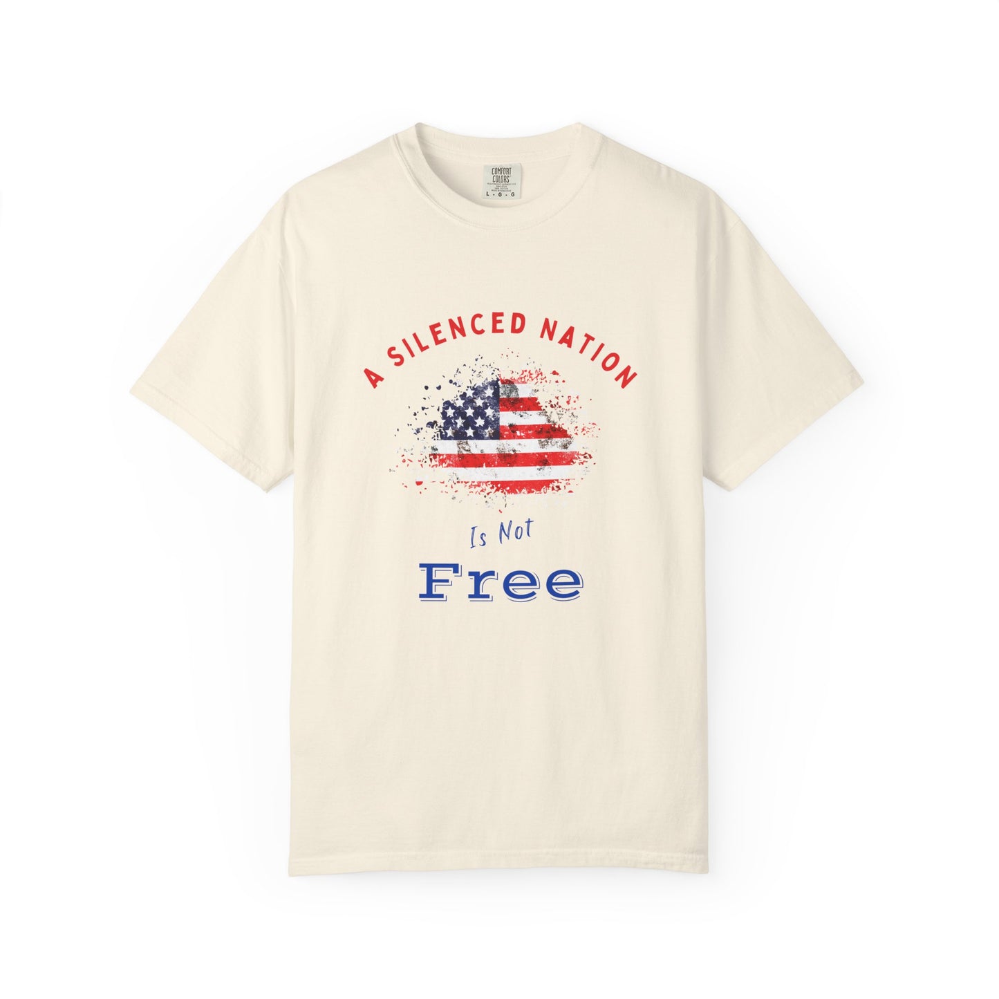 Ivory American Flag tshirt with short sleeves words A Silenced Natioin Is Not Free
