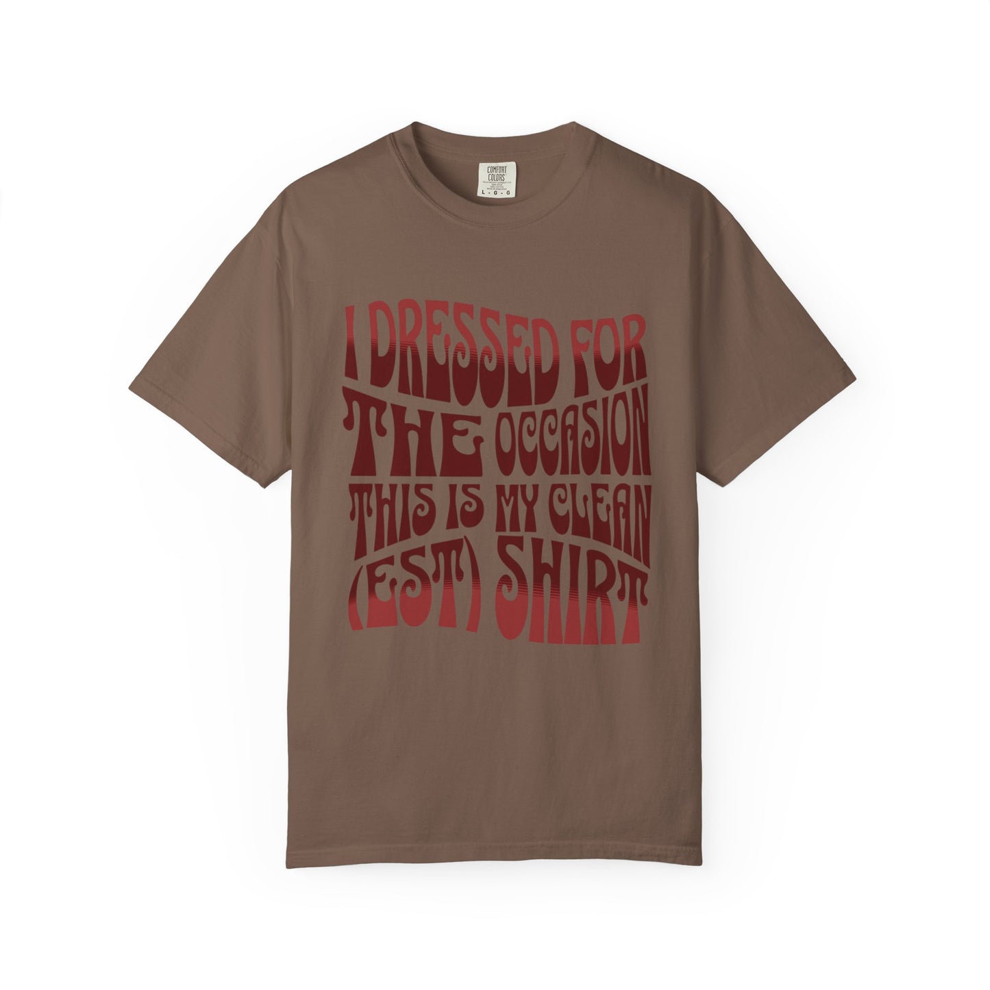 Brown t-shirt with red text on a white background