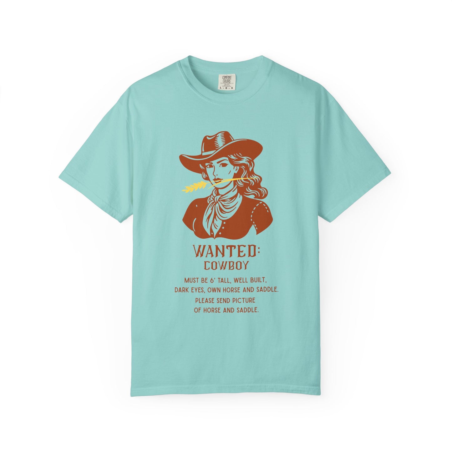 Blue T shirt with Wanted poster and cowgirl with funny saying.