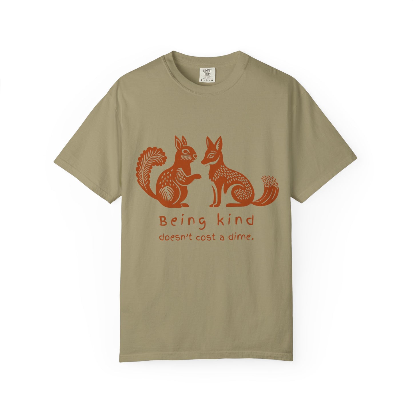 Squirrel & fox woodcut t shirt in khaki.