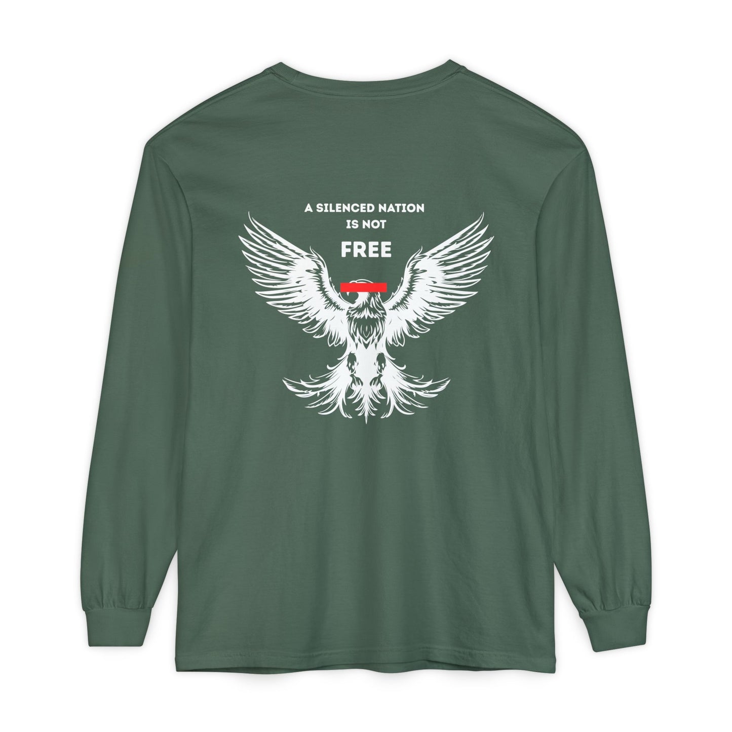 Green long-sleeve shirt with an eagle graphic and text on a white background