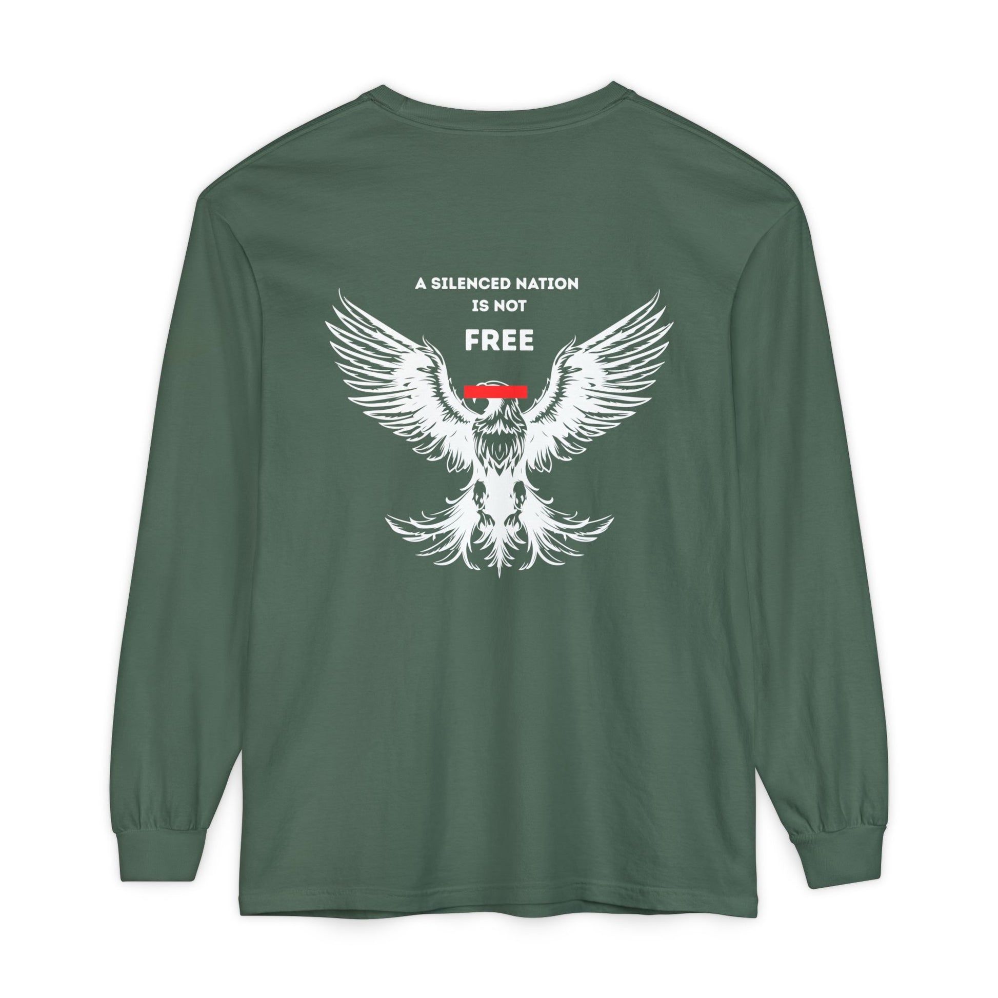 Green long-sleeve shirt with an eagle graphic and text on a white background
