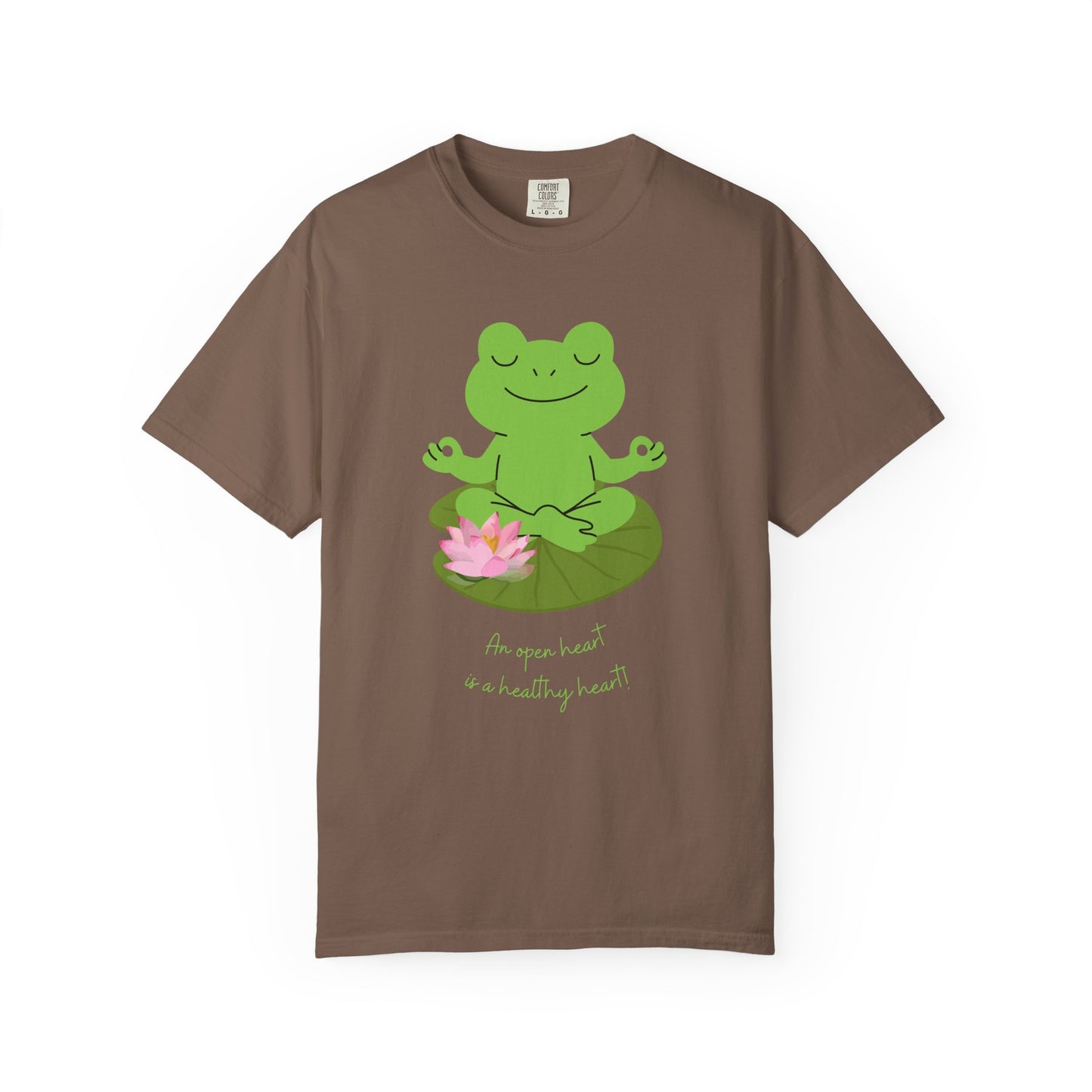 Brown t-shirt with a green frog meditating on a lotus flower graphic and text.