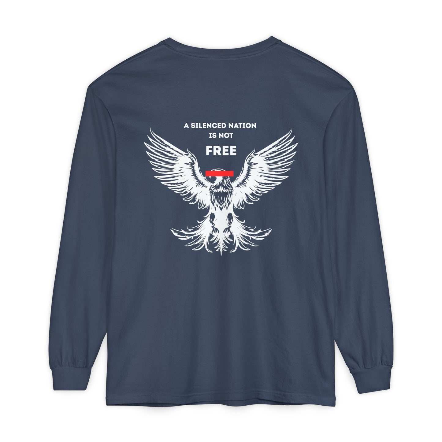 Navy blue long-sleeve shirt with white eagle graphic and text on a white background