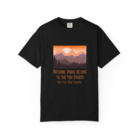 Black t-shirt with a mountain graphic and text on a white background