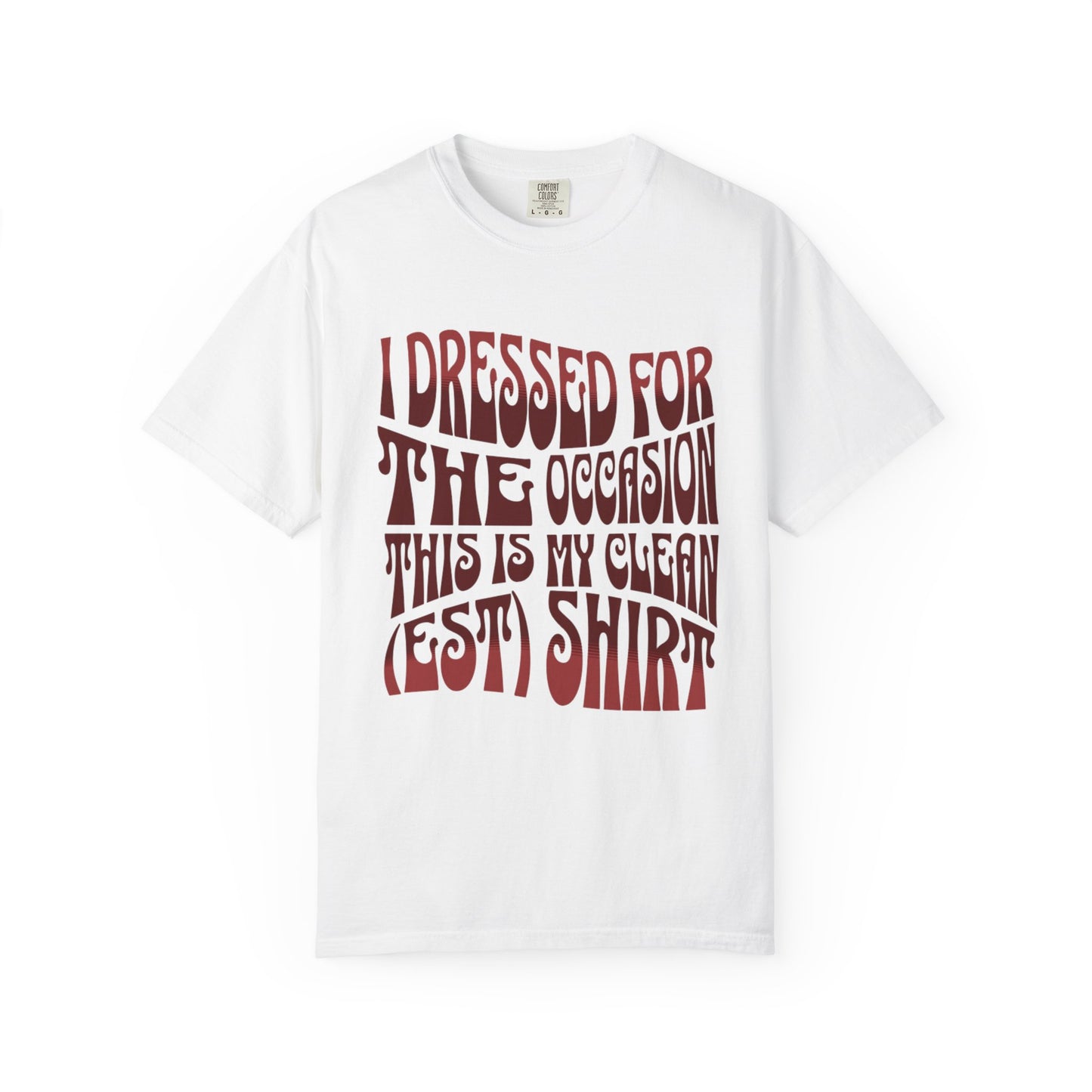 White t-shirt with red text on a white background