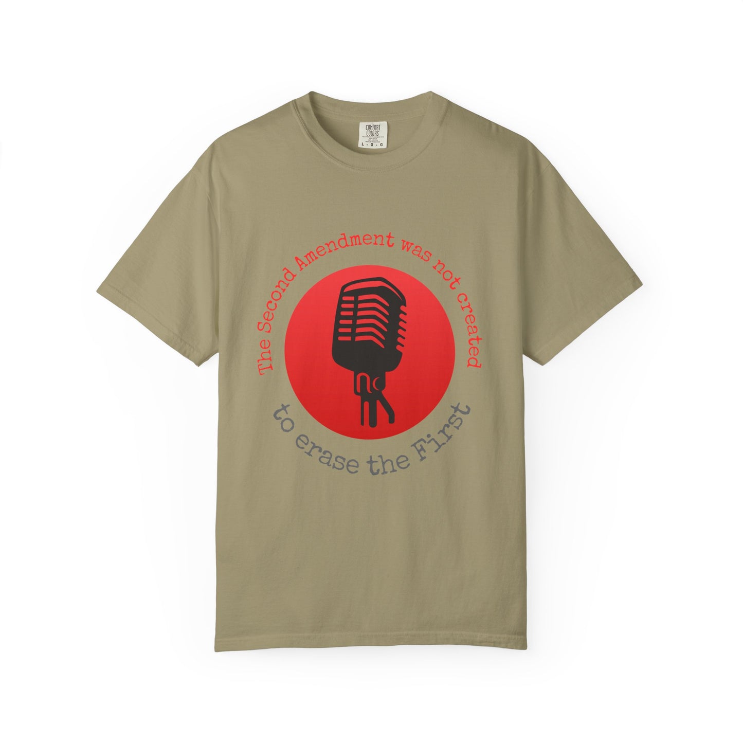 Beige t-shirt with a red circle featuring a microphone graphic and text on a white background