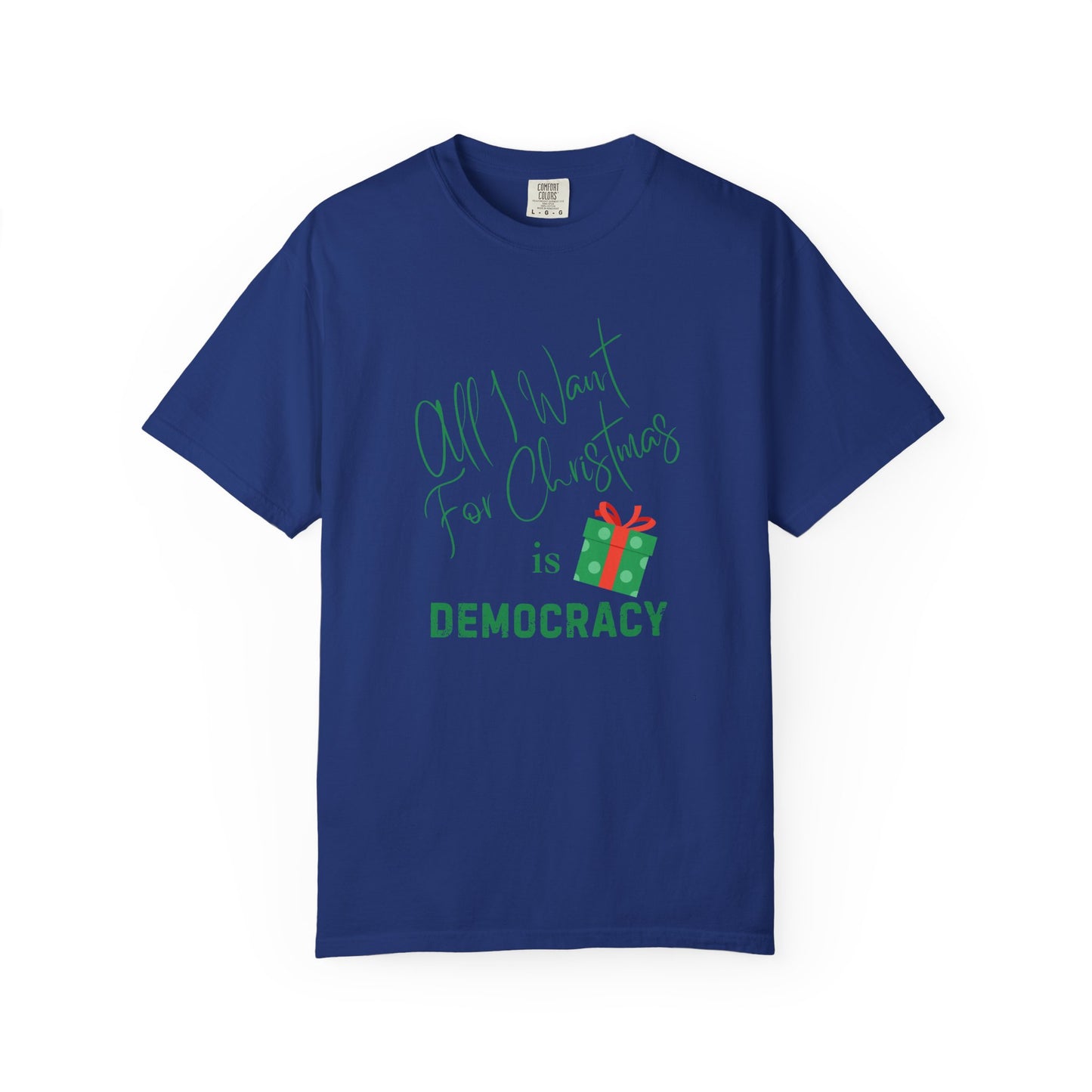 Blue t-shirt with text and a gift graphic on a white background