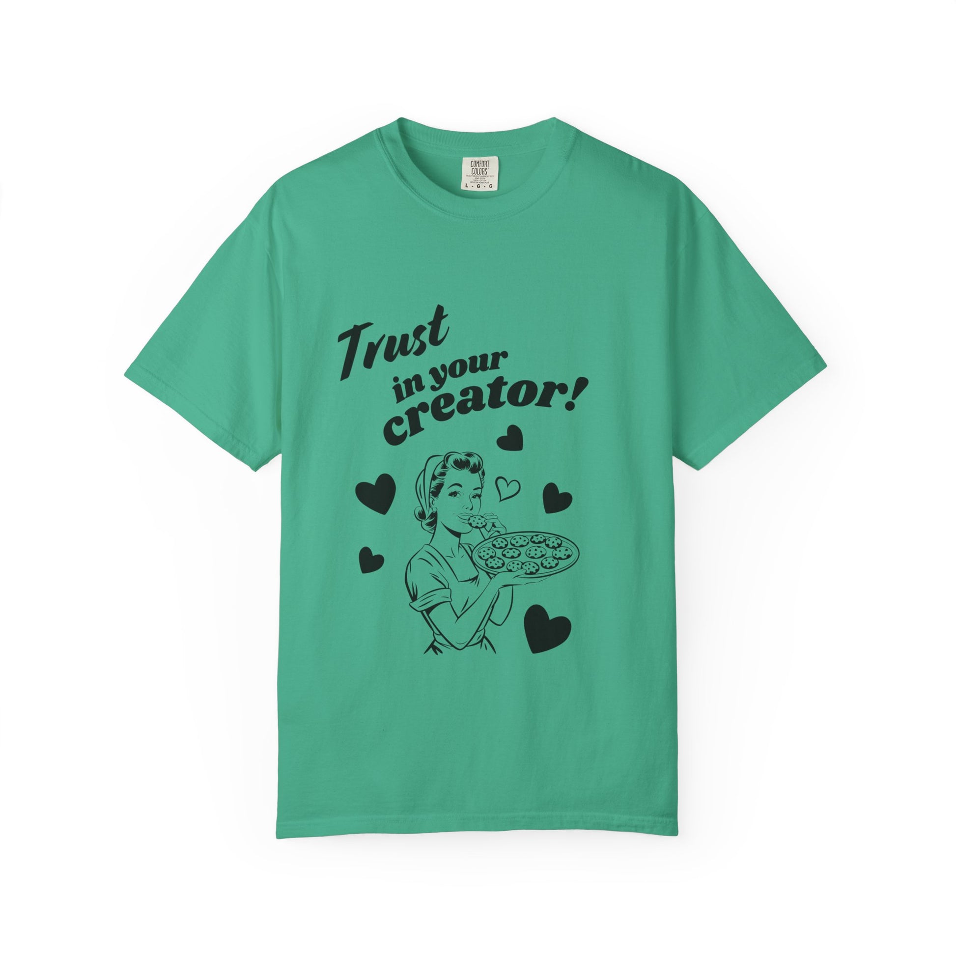 Green t-shirt with black text and graphic on a white background