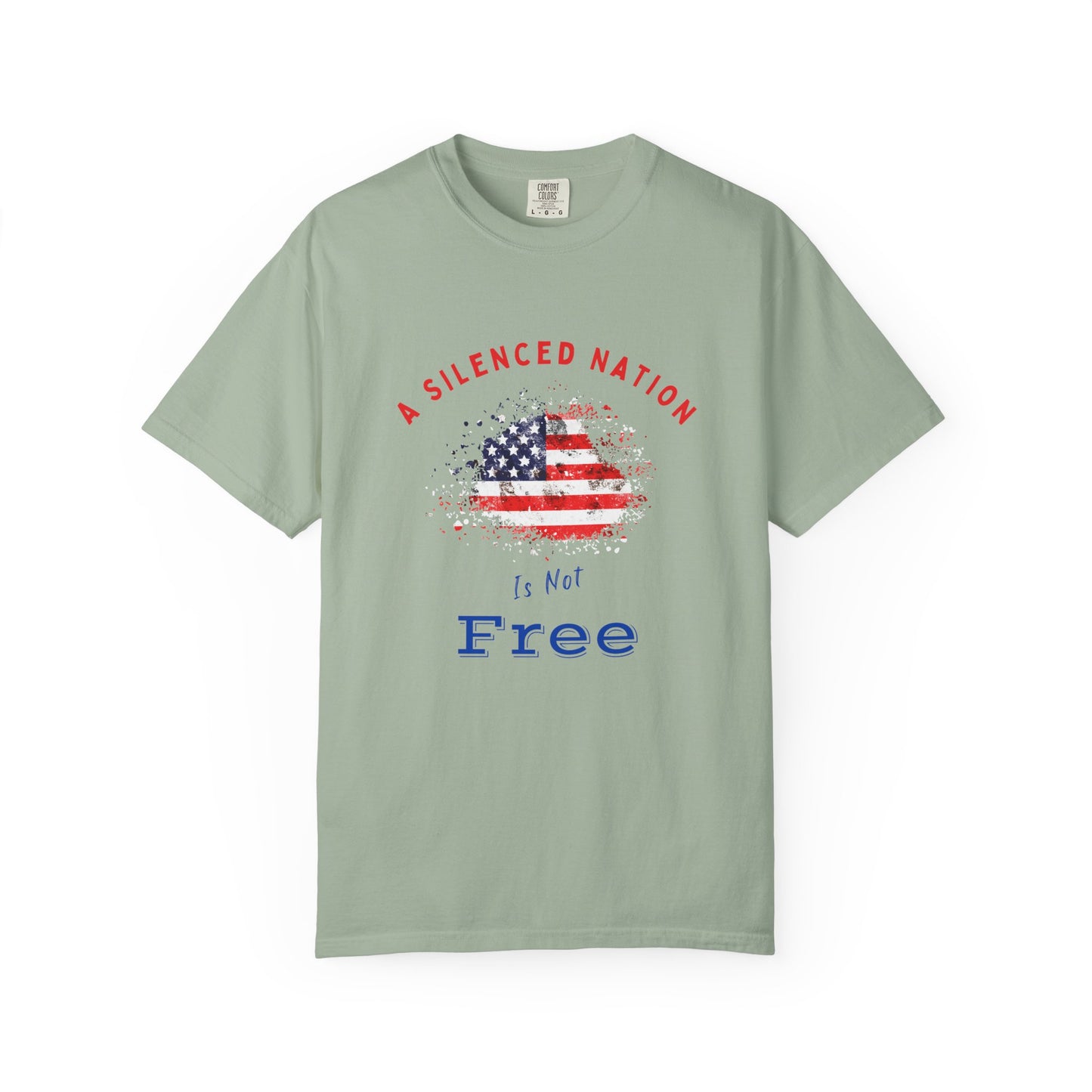 Light green American Flag tshirt with short sleeves words A Silenced Natioin Is Not Free