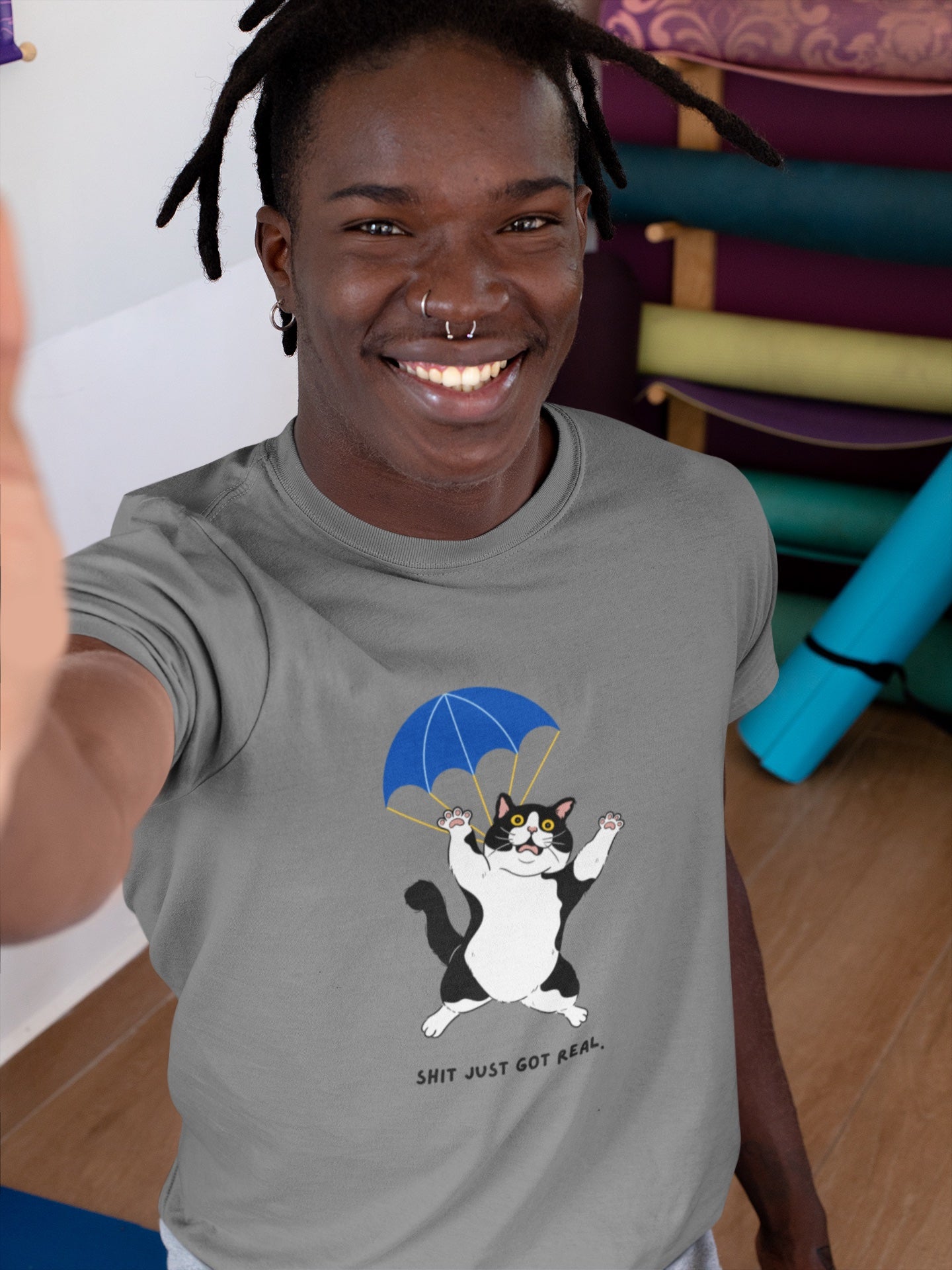 "Shit Just Got Real"  Parachuting Cat Tee