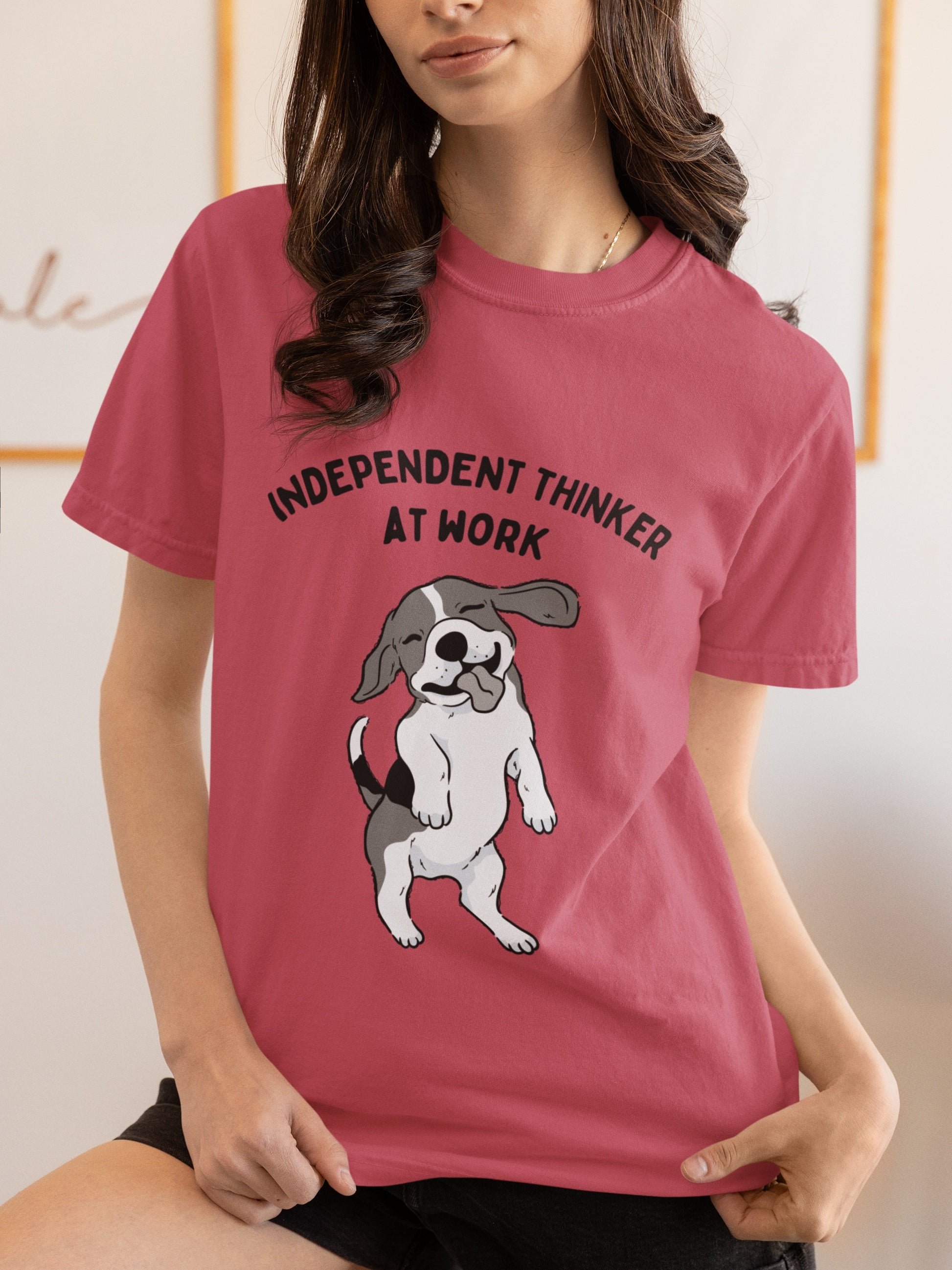 Red T shirt with sill beagle dog on woman