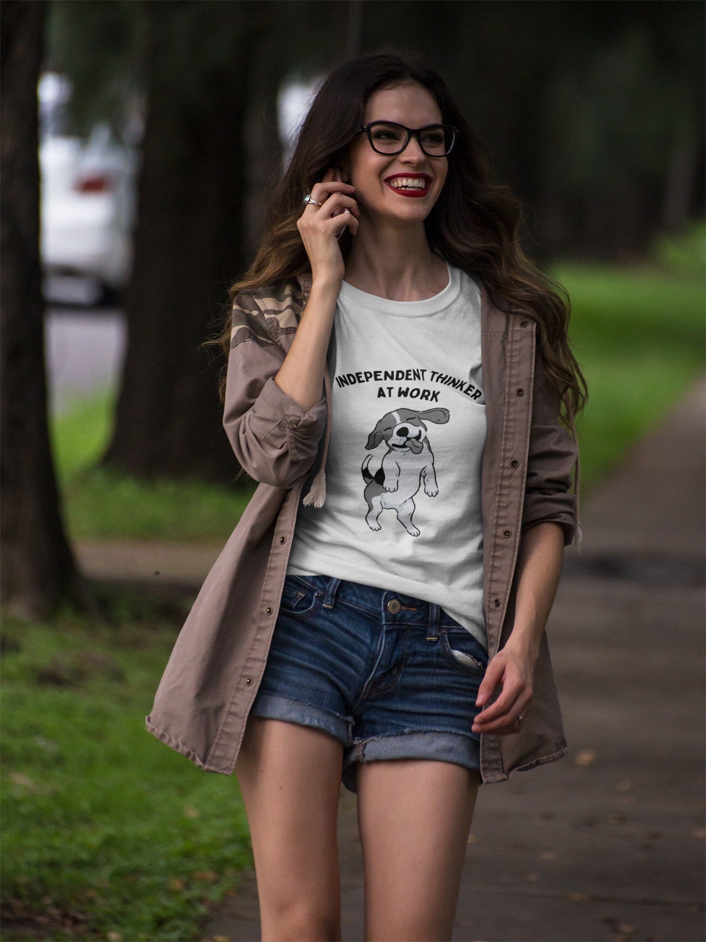 White T shirt with sill beagle dog on woman with shorts and glasses
