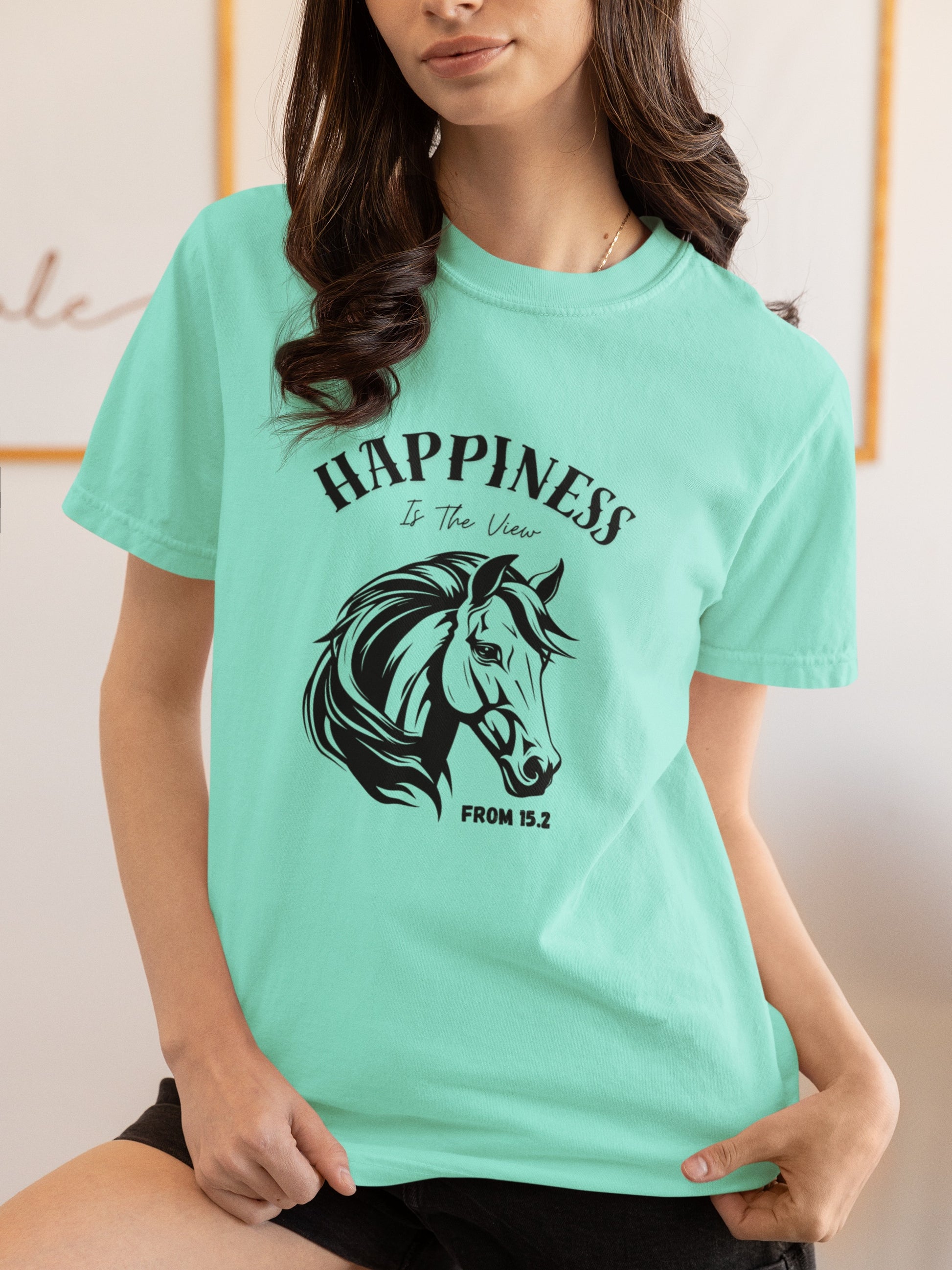 light blue t shirt with horse head and nice saying on woman with brown hair