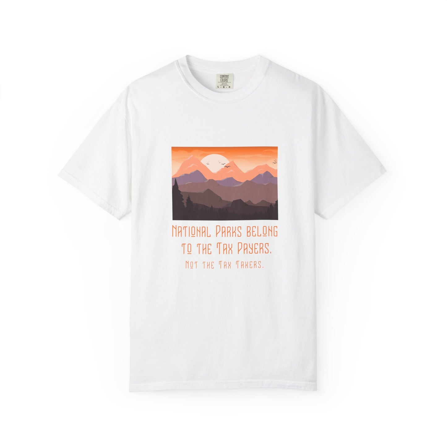 White t-shirt with a mountain graphic and text on a white background