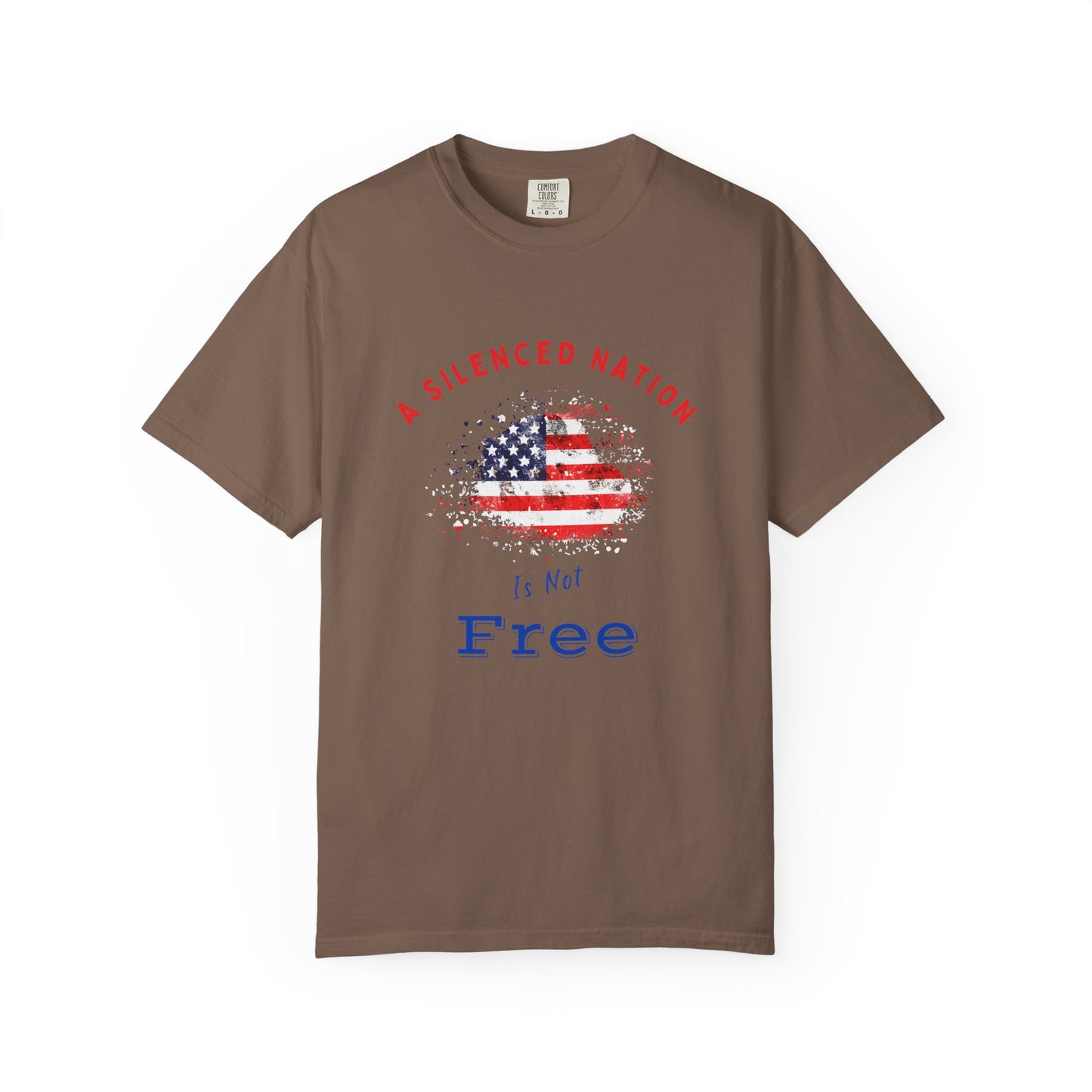 Brown American Flag tshirt with short sleeves words A Silenced Natioin Is Not Free