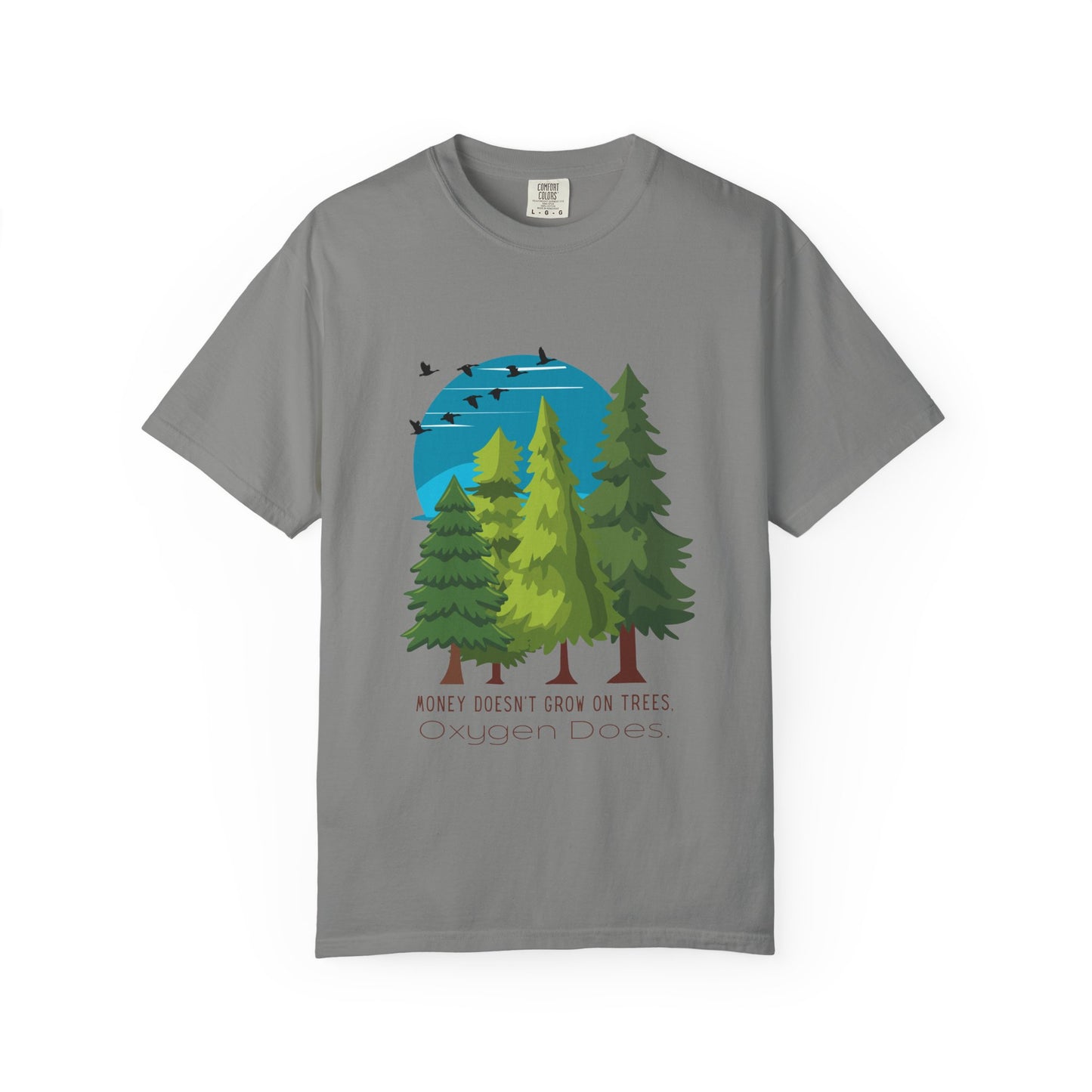 Gray t-shirt with a graphic of trees and birds on a white background