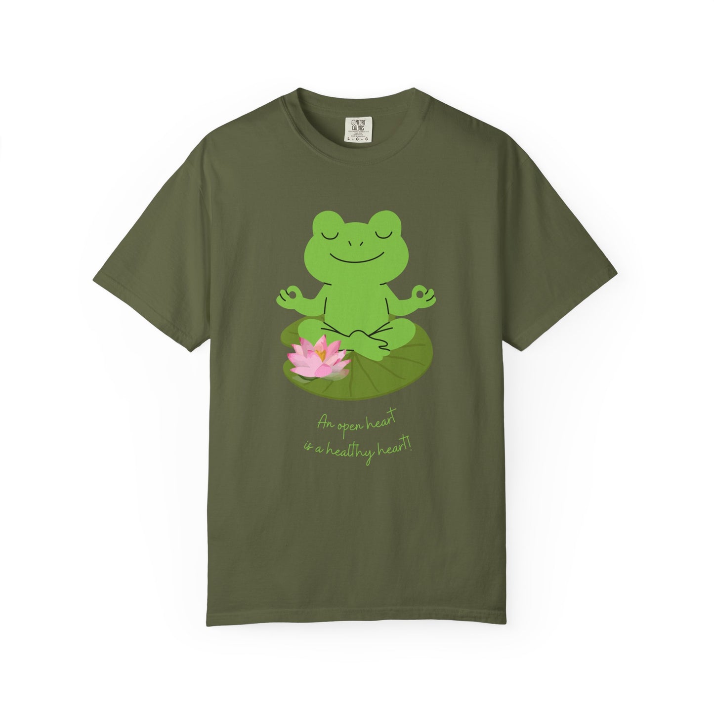 Green t-shirt with a frog meditating on a lotus flower design and text on a white background