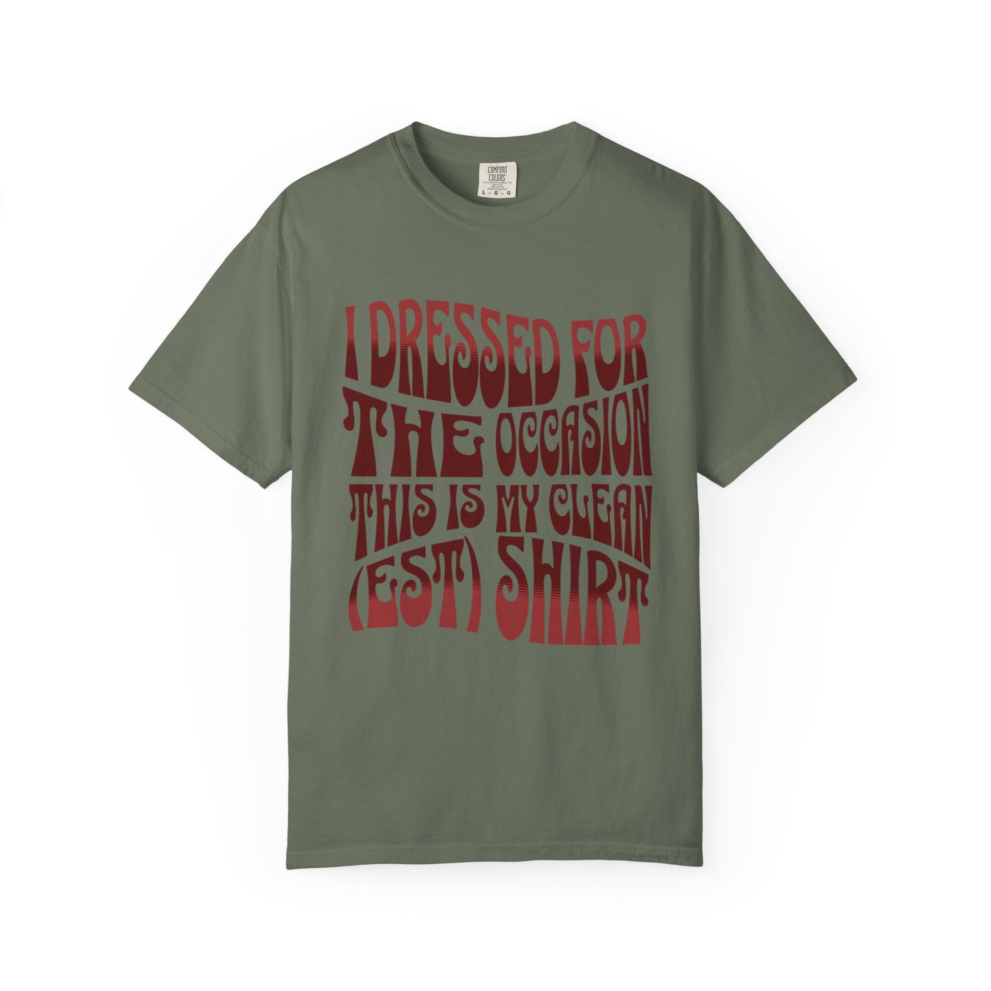 Green t-shirt with red text on a white background