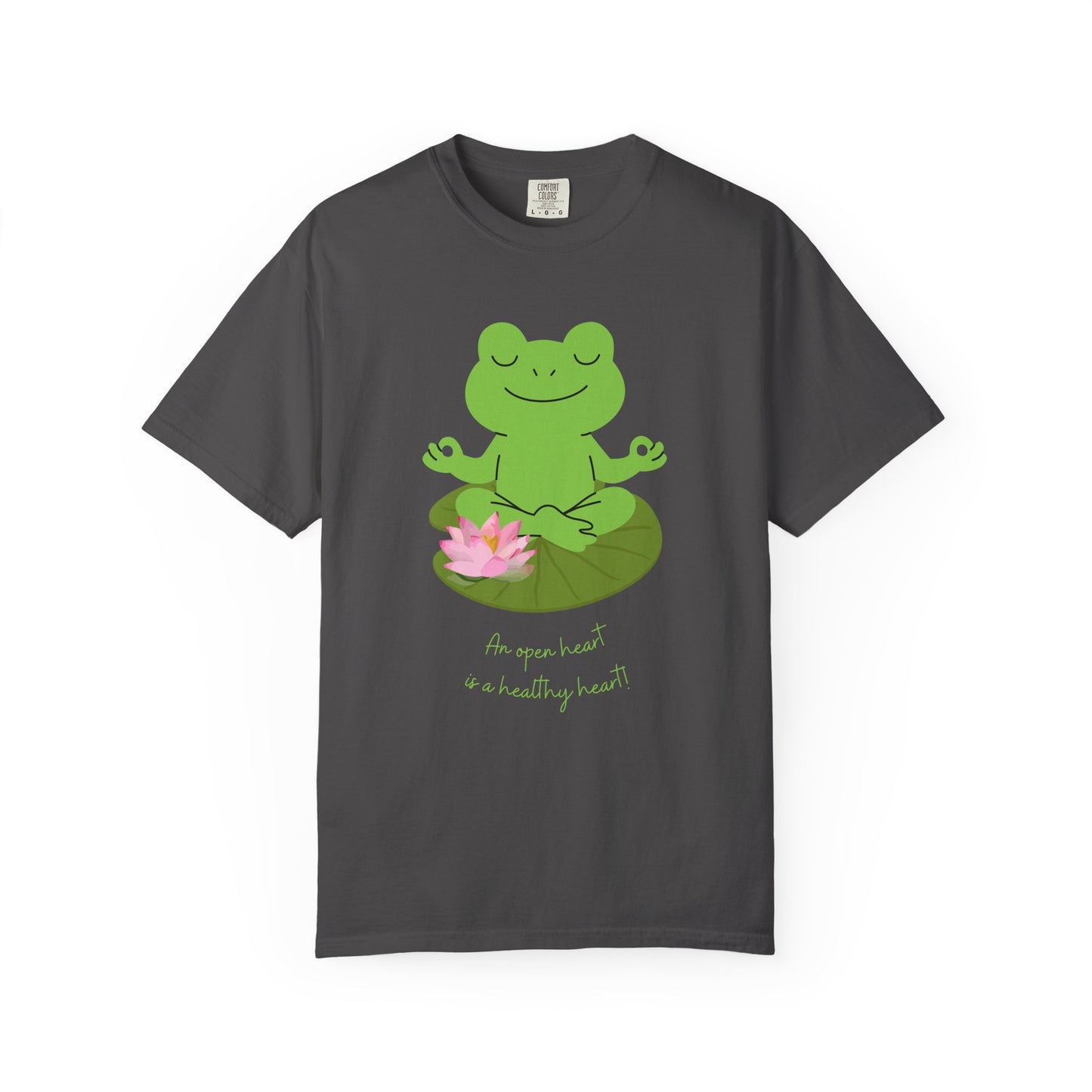 Gray t-shirt with a green frog meditating on a lotus flower graphic and text.