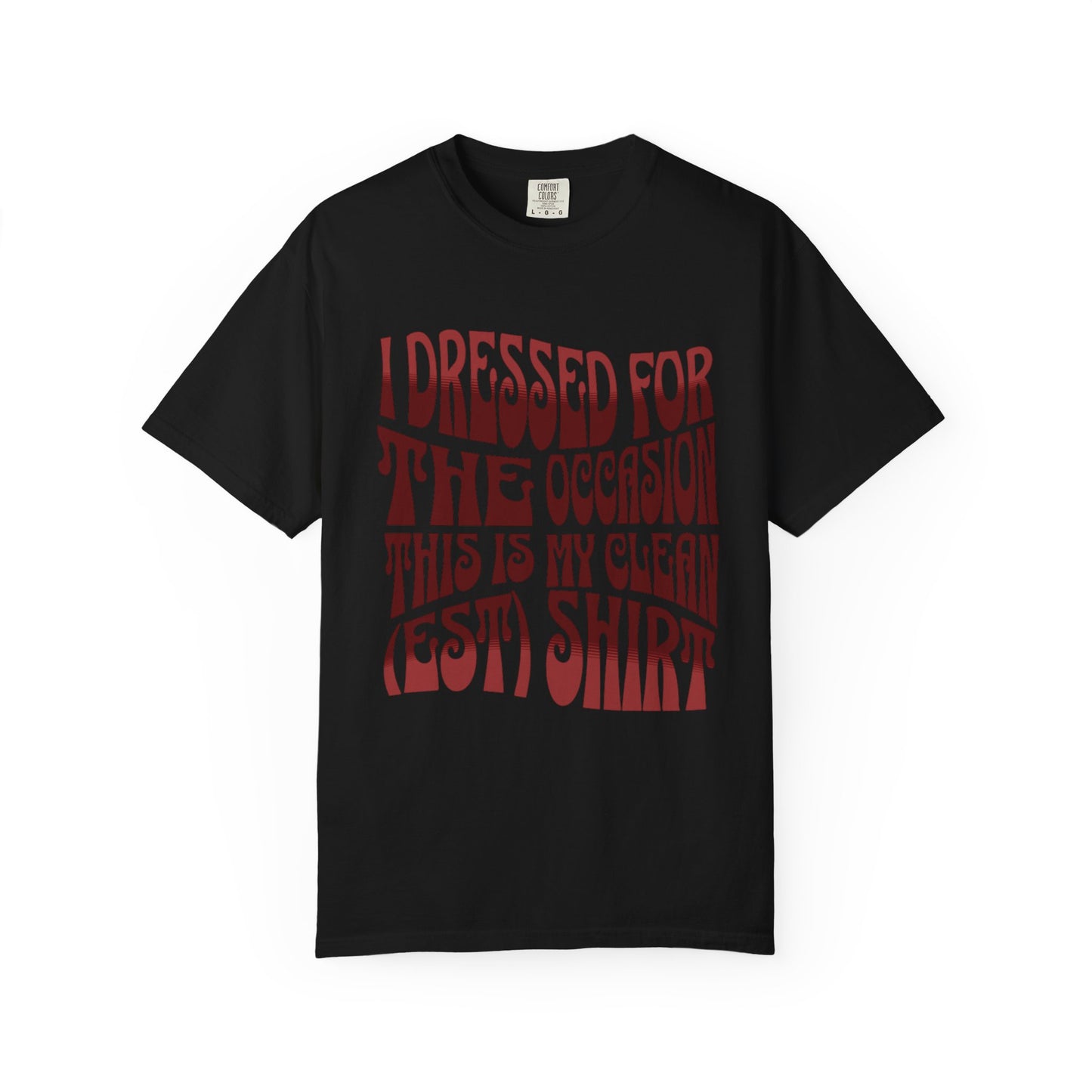 Black t-shirt with red text on a white background