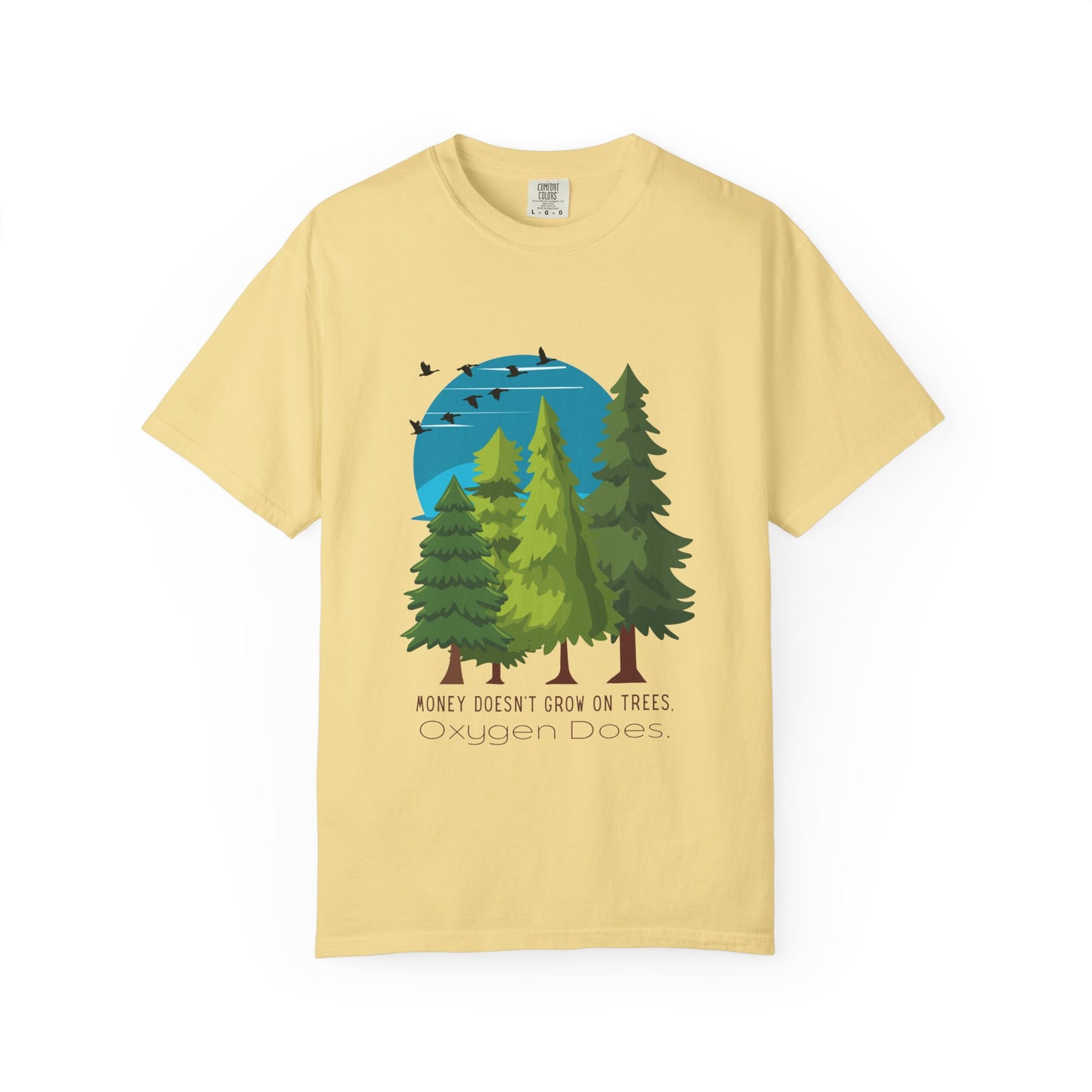 Yellow t-shirt with a nature graphic and text on a white background