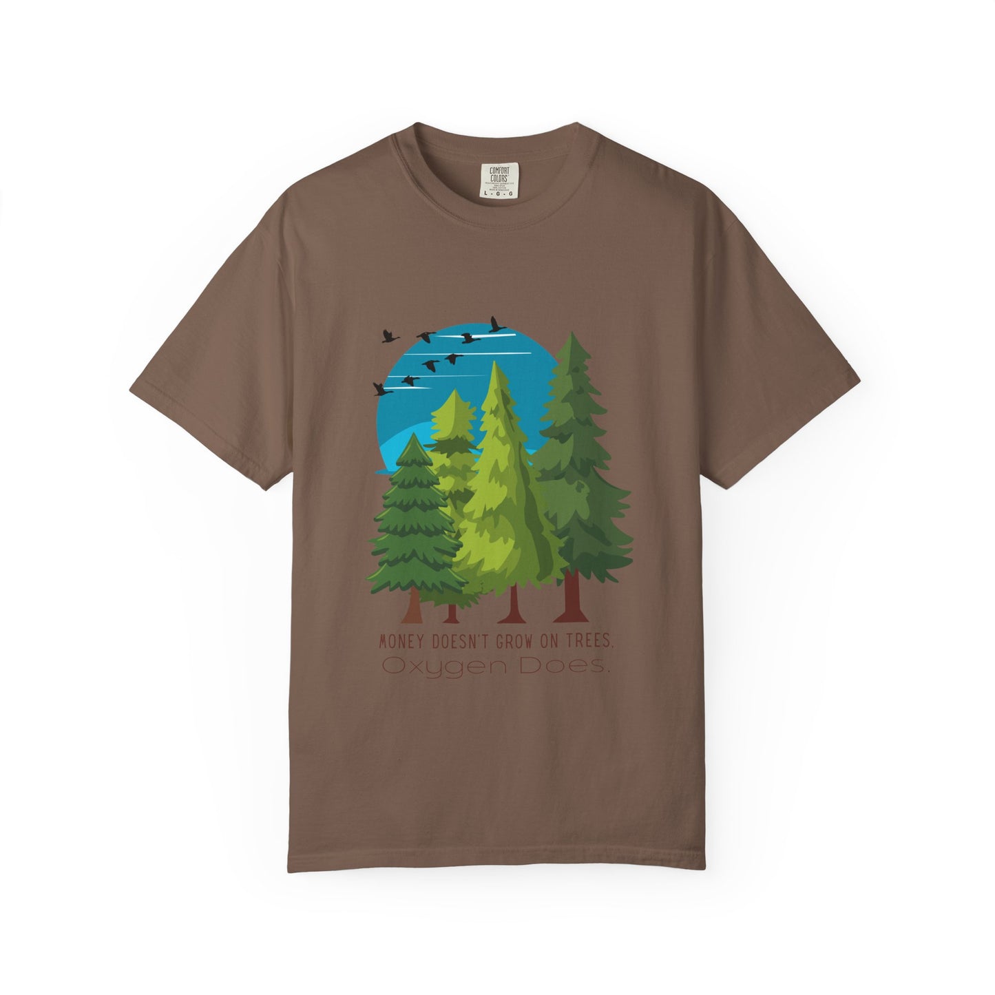 Brown t-shirt with a graphic of trees and birds on a white background
