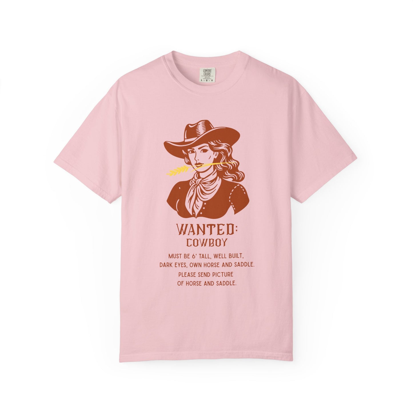 Pink T shirt with Wanted poster and cowgirl with funny saying.