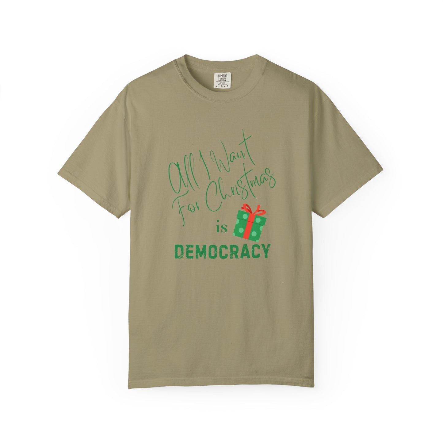Beige t-shirt with green text and graphics on a white background