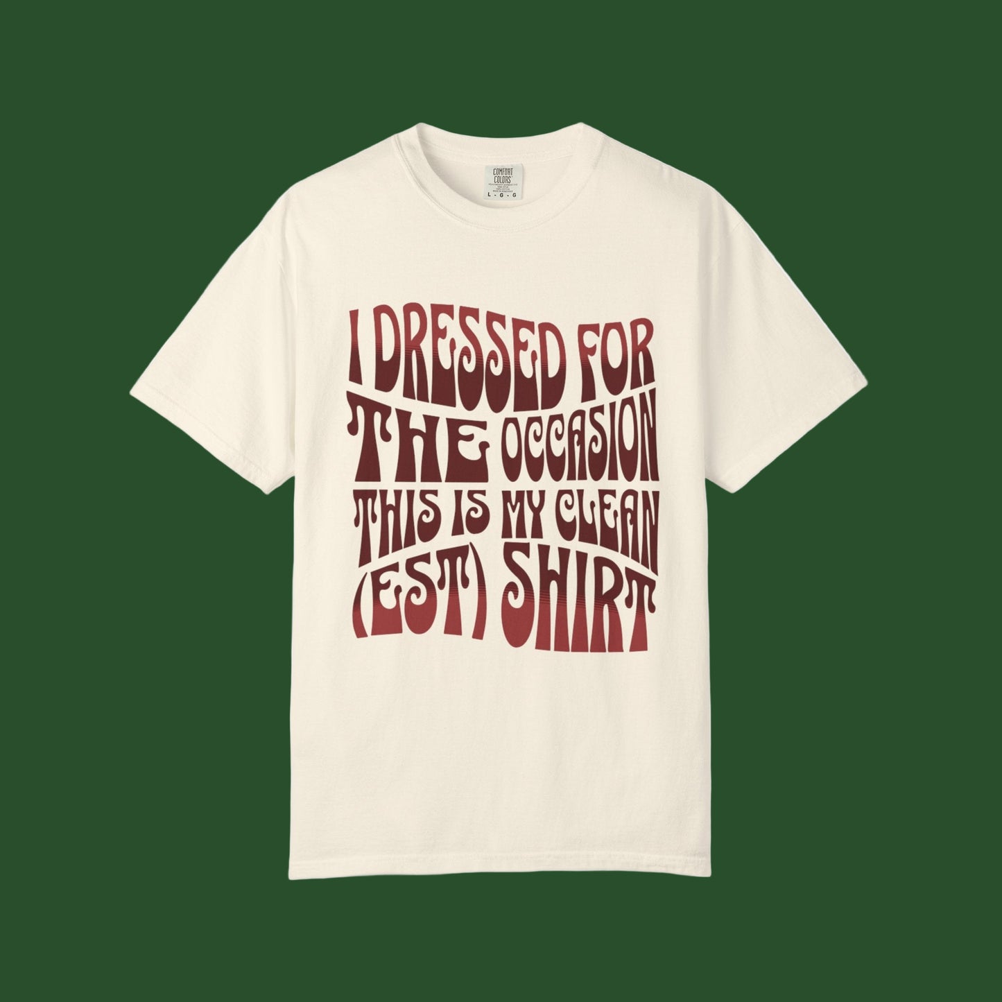 Beige t-shirt with red text on a white background