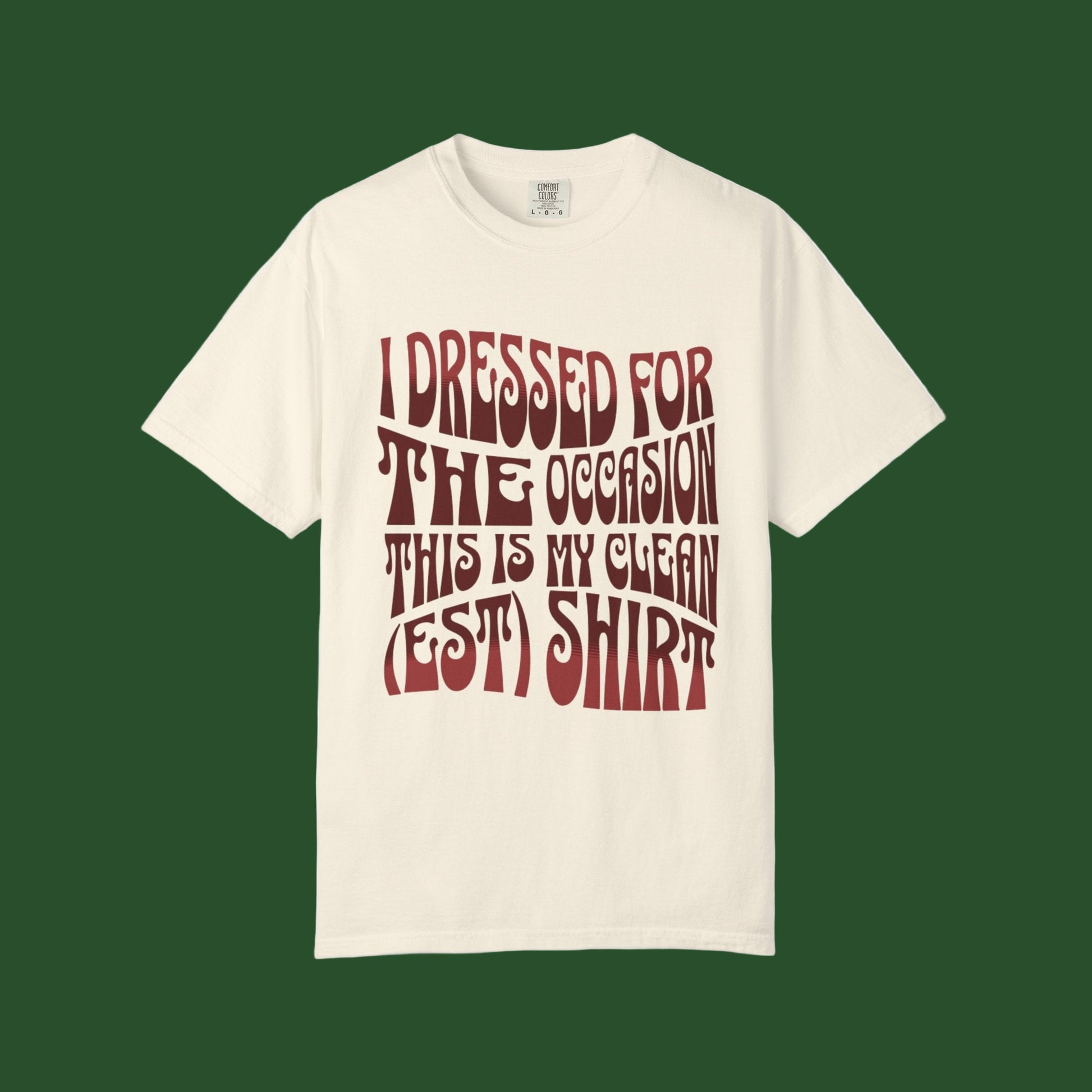 Beige t-shirt with red text on a white background