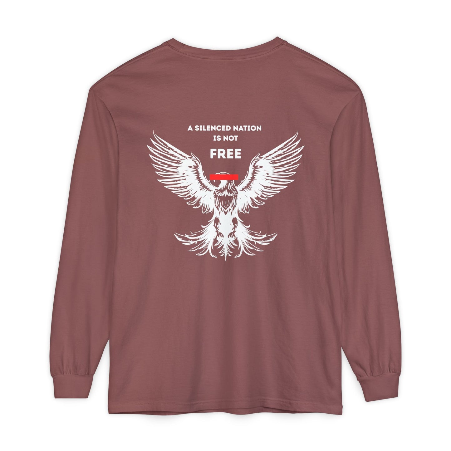 Maroon long-sleeve shirt with white eagle graphic and text on a white background