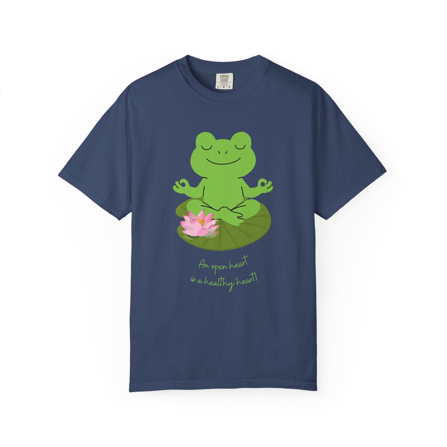 Navy blue t-shirt with a green frog meditating on a lotus flower graphic and text.