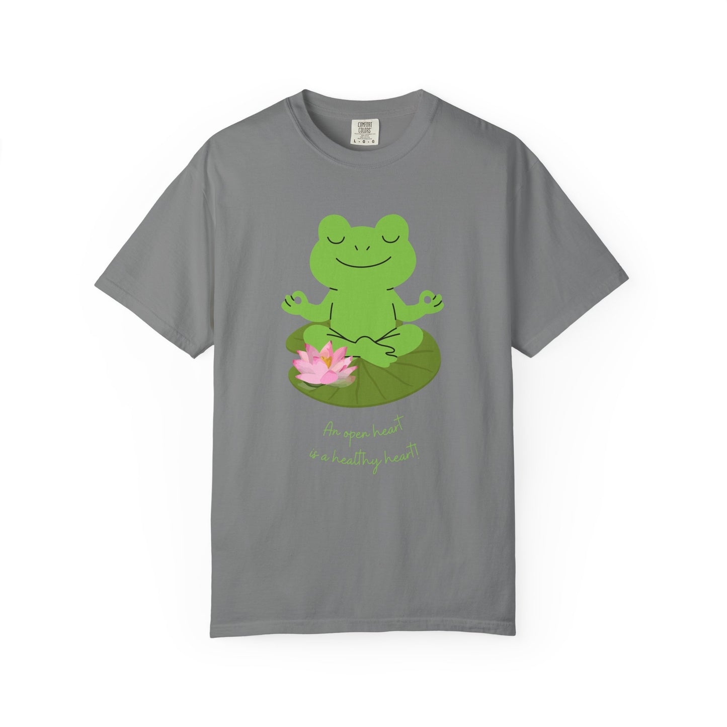 Gray t-shirt with a green frog meditating on a lotus flower design on a white background