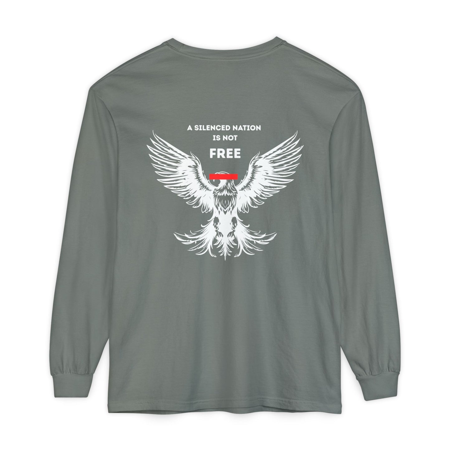 Gray long-sleeve shirt with an eagle graphic and text on the back against a white background