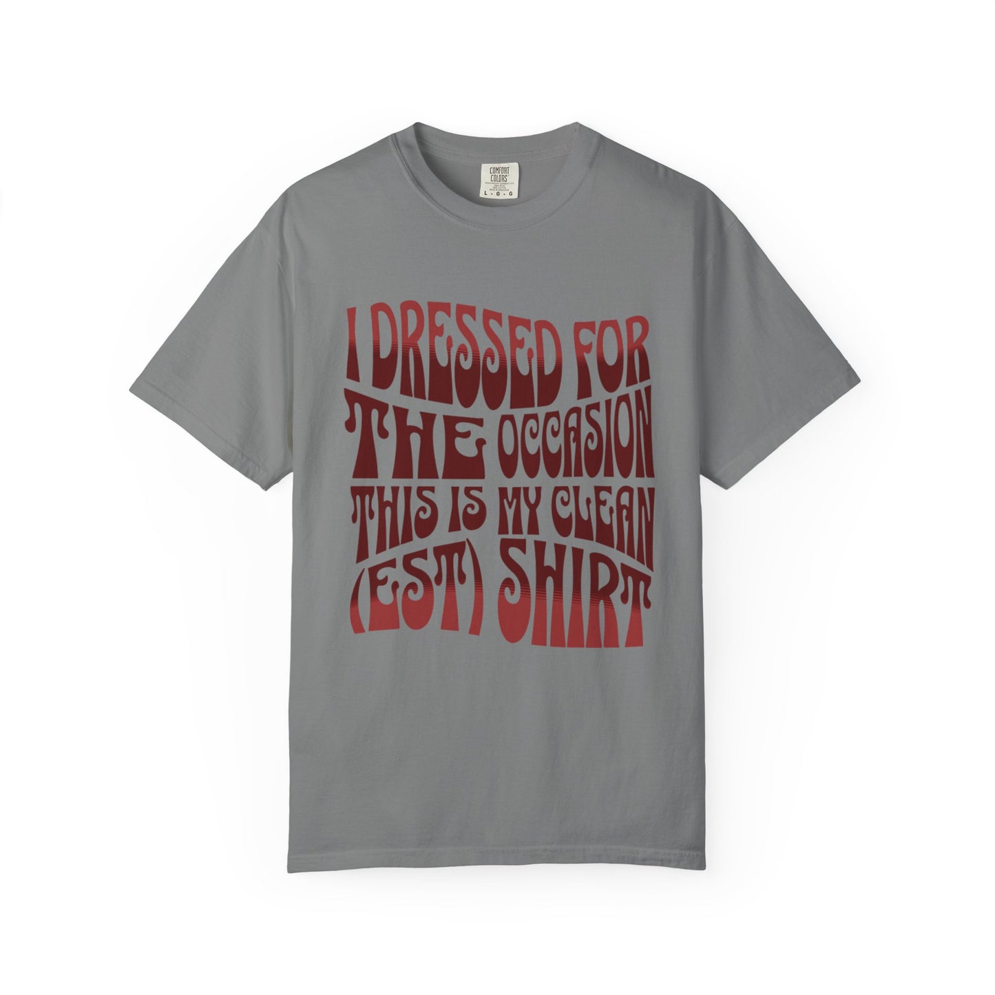 Gray t-shirt with red text on a white background