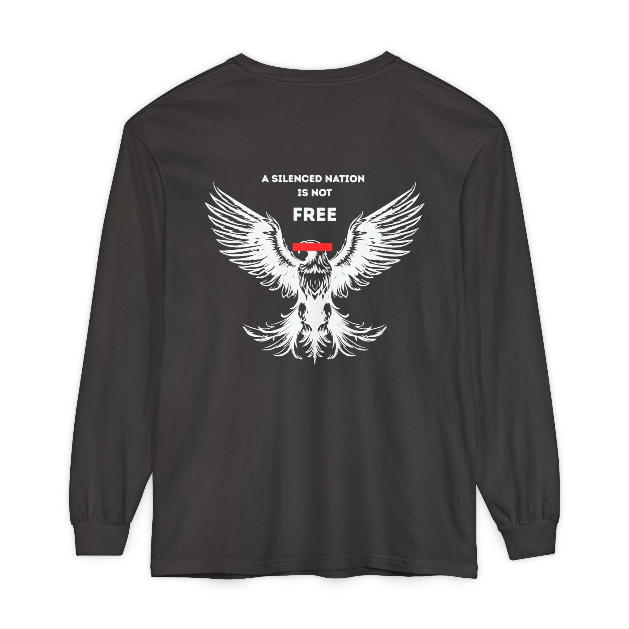 Black long-sleeve shirt with a white eagle graphic and text on the back 
