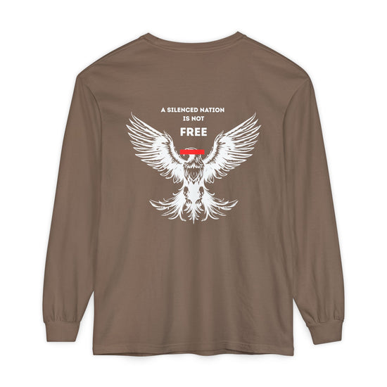 Brown long-sleeve shirt with a graphic of an eagle and text on the back