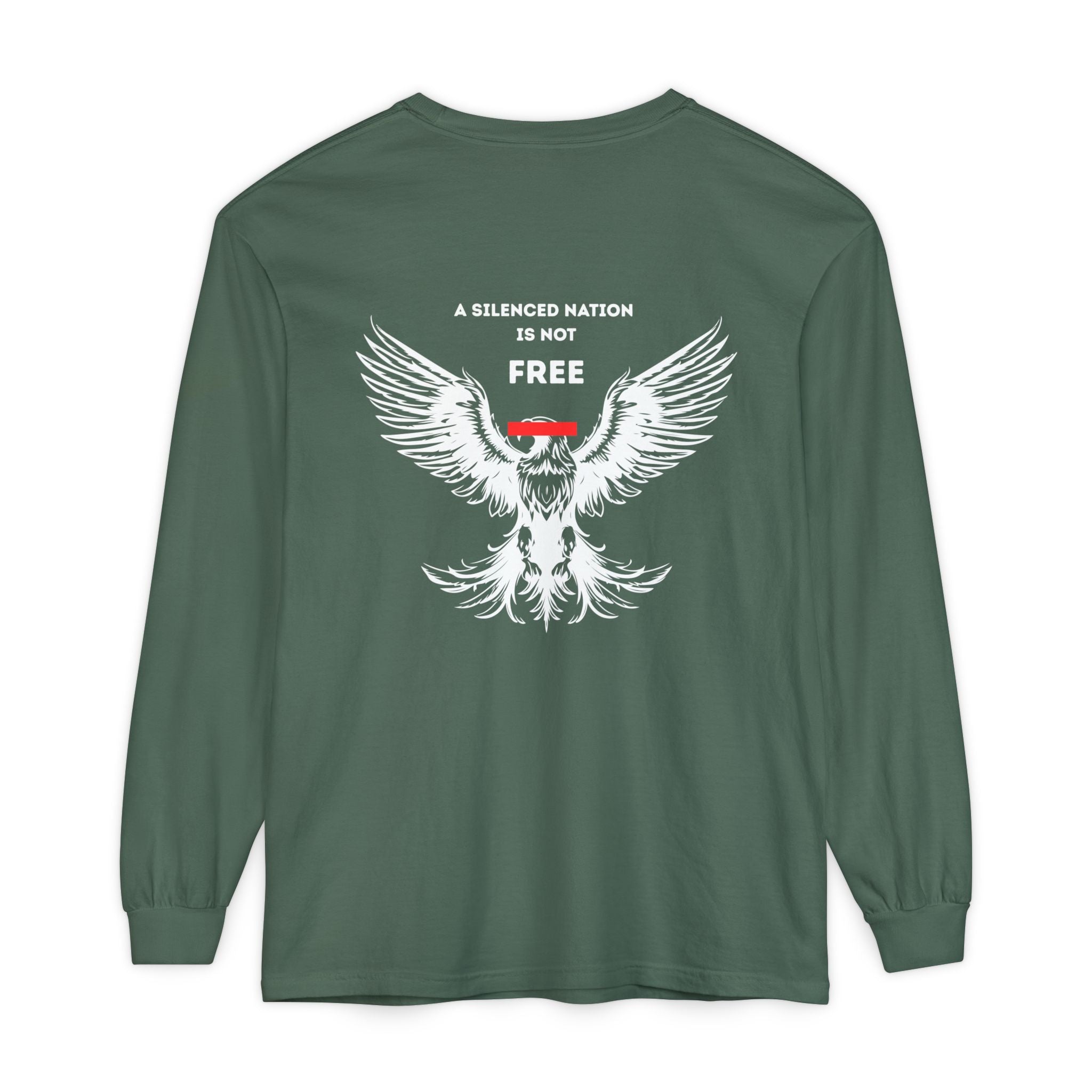 Green long-sleeve shirt with an eagle graphic and text 